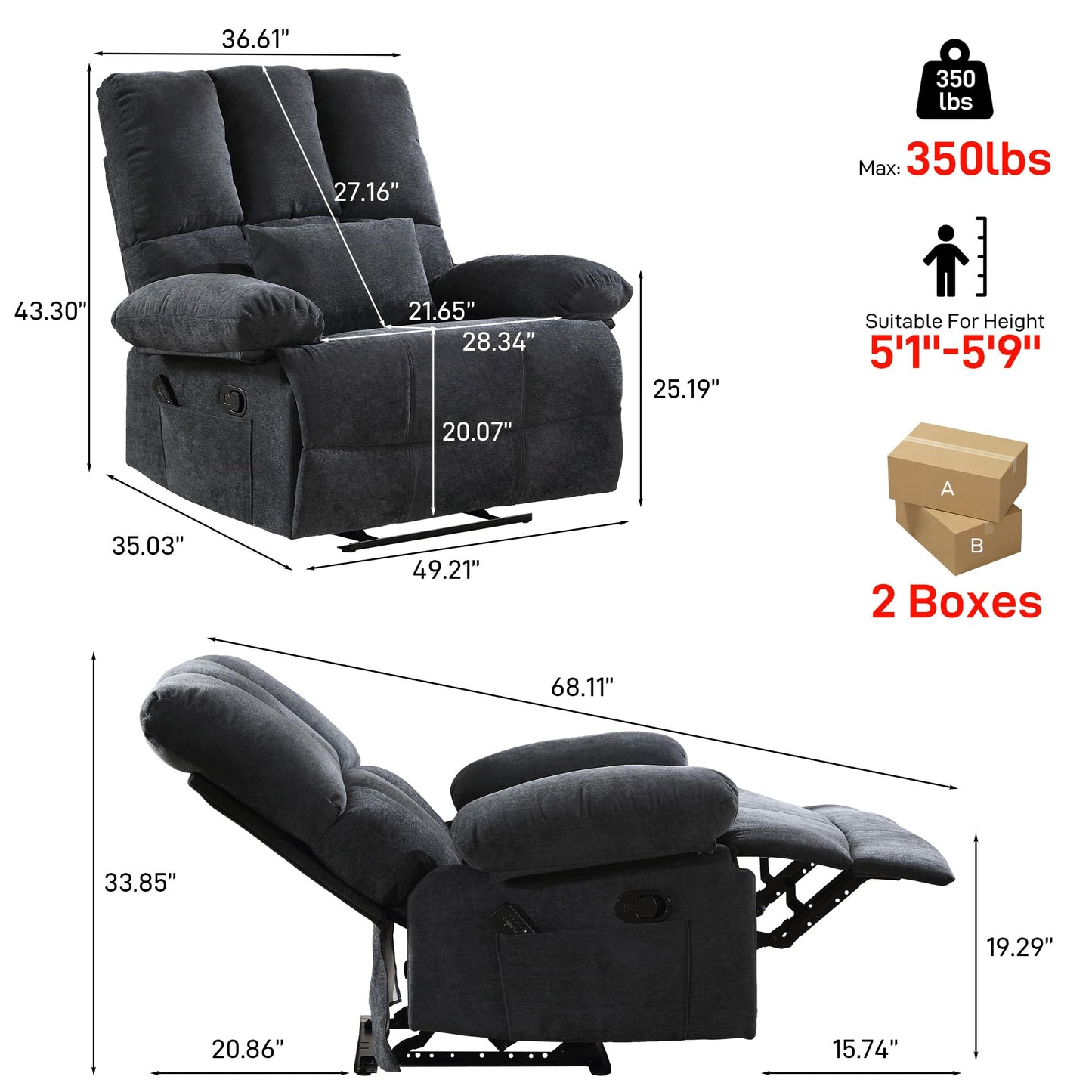 HOMYEDAMIC Oversized Recliner Chair 350 lb Weight Capacity, Plus Size 28 inch Large Wide Seat Manual Comfortable Fabric Recliner for Adults Living Room with Pockets Massage Heated Pillow (6008-Grey)