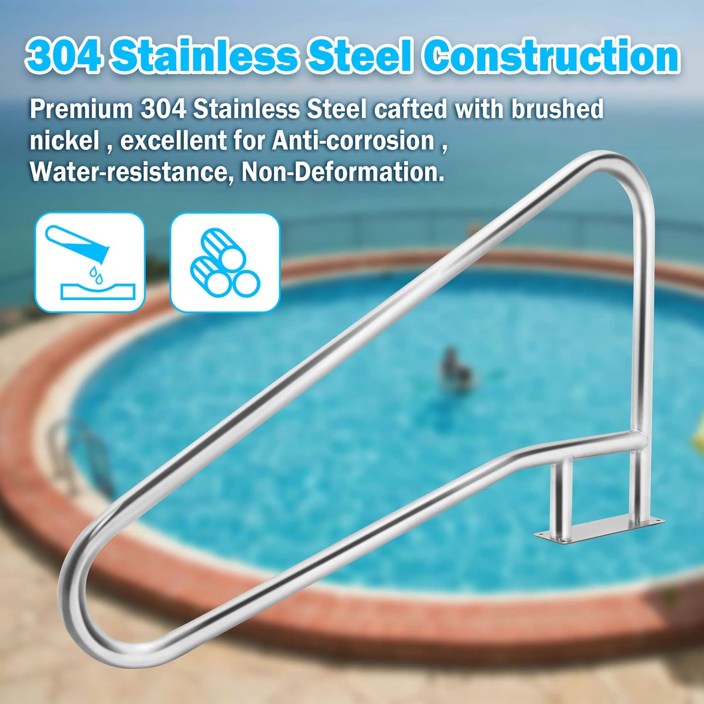 TCFUNDY Pool Handrail 57"x35" Swimming Pool Stair Rail 304 Stainless Steel Pool Hand Rail with Grip Cover, 385lbs Load Capacity, Quick Mount Accessories