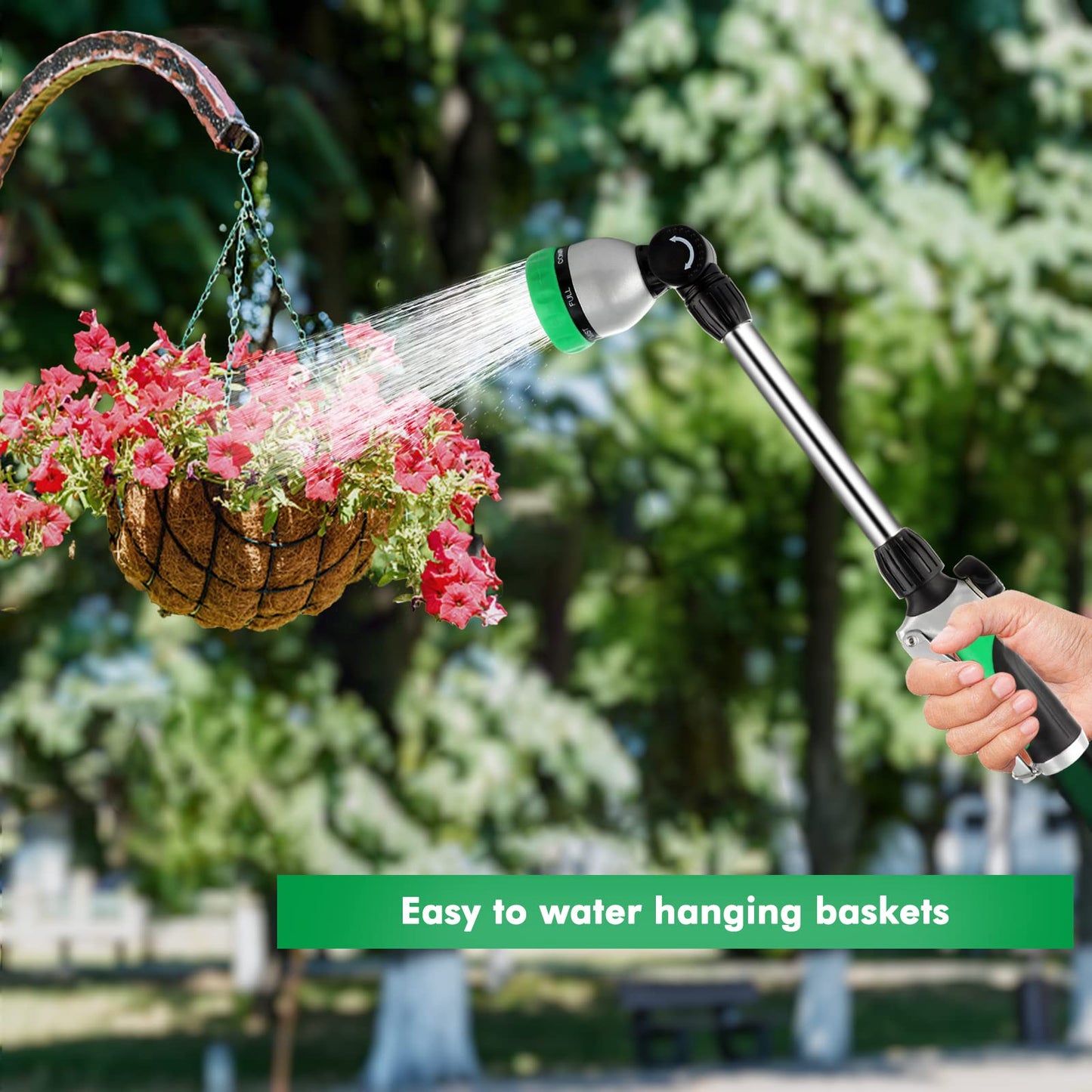 RESTMO Metal Watering Wand, Heavy Duty Garden Hose Wand with 180° Swivel Ratcheting Head, 16-Inch Hose Nozzle Sprayer with 7 Spray Patterns and Flow Control, Ideal to Water Hanging Baskets and Shrubs