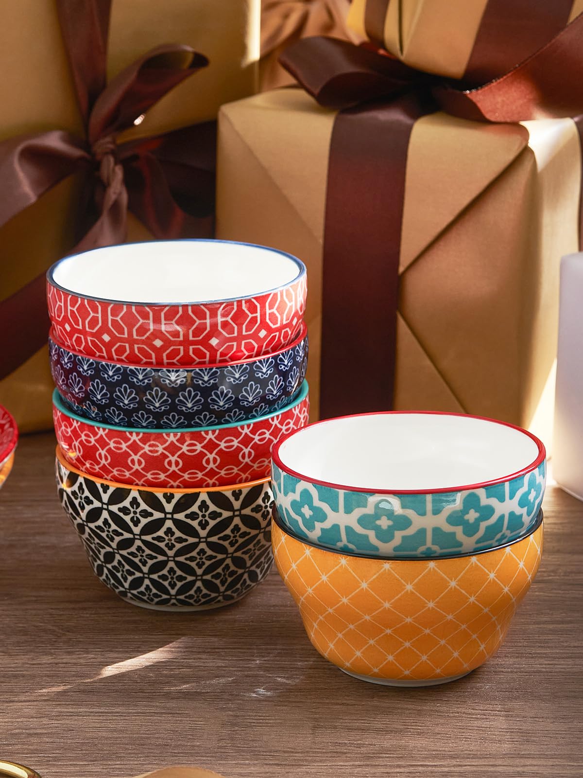 DOWAN Small Dessert Bowls Set of 6, 8oz Ceramic Bouillon Cups for Soup Dipping Sauce Coffee Cupping, Microwave Dishwasher Safe, Vibrant Patterned Porcelain Bowls for Kitchen Decor & Housewarming Gift