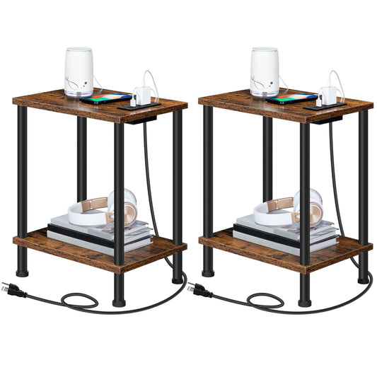 HOOBRO Side/End Table with Charging Station, Set of 2 with USB Ports and Outlets, Nightstand with 2-Layer Storage Shelves for Small Spaces, Living Room, Bedroom, Rustic Brown BF09UBZP201