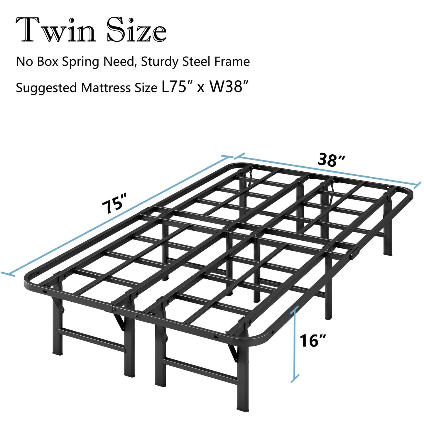 Auroral Zone Folding Metal Platform Bed Frame, 16 Inches High, Heavy Duty Steel Slat Frame No Box Spring Needed, Easy Tool Free Assembly, Noise Free, Twin Size, Black