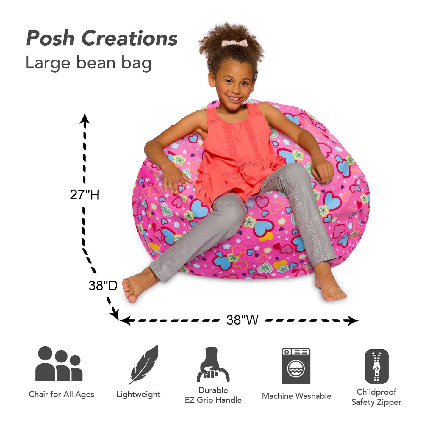 Posh Creations Bean Bag Chair for Kids, Teens, and Adults Includes Removable and Machine Washable Cover, Canvas Multi-Colored Hearts on Pink, 38in - Large