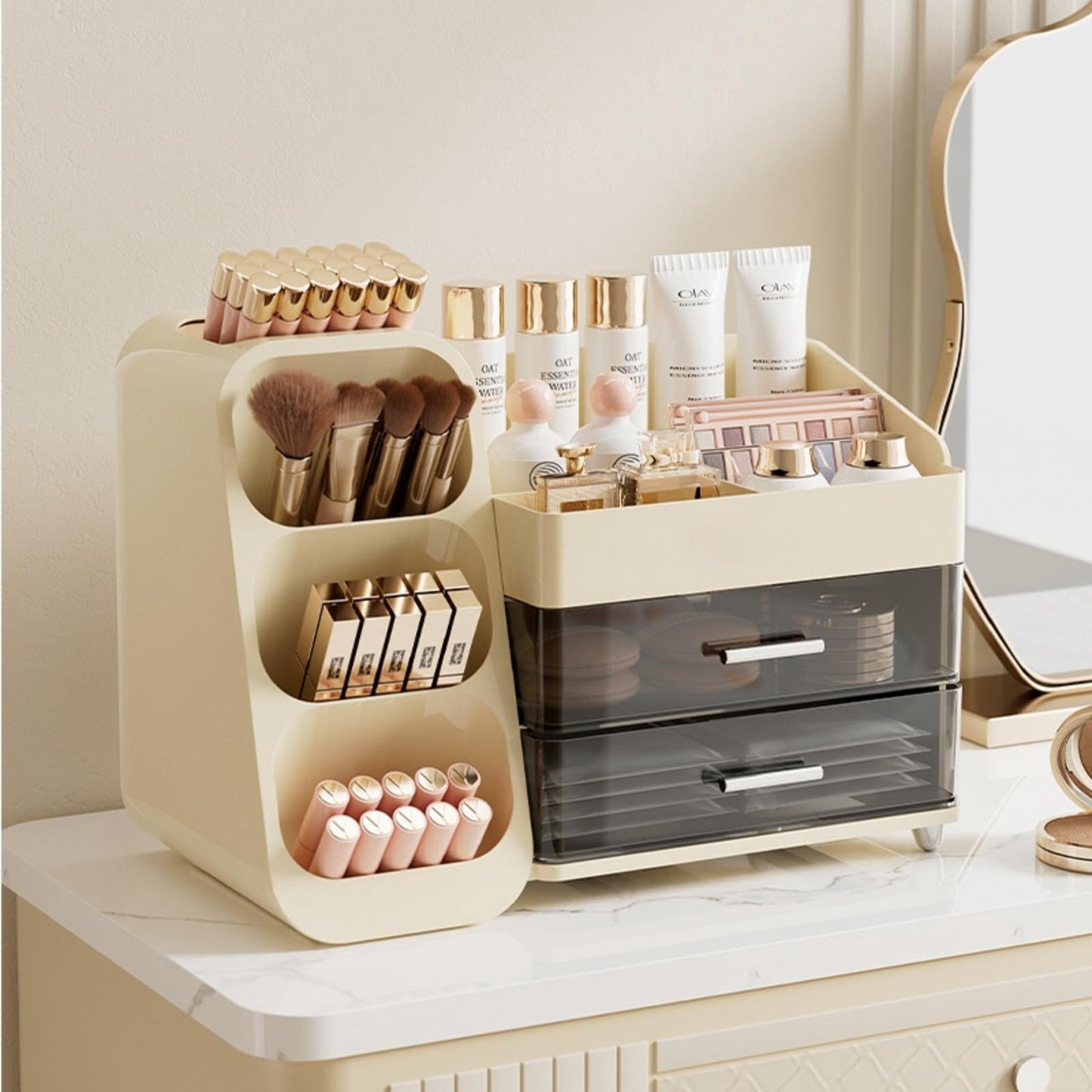 Makeup organizer with Drawers for Vanity,Spacious Cosmetic Display Case,Perfect Storage Solution for Your Beauty Essential(Cream)