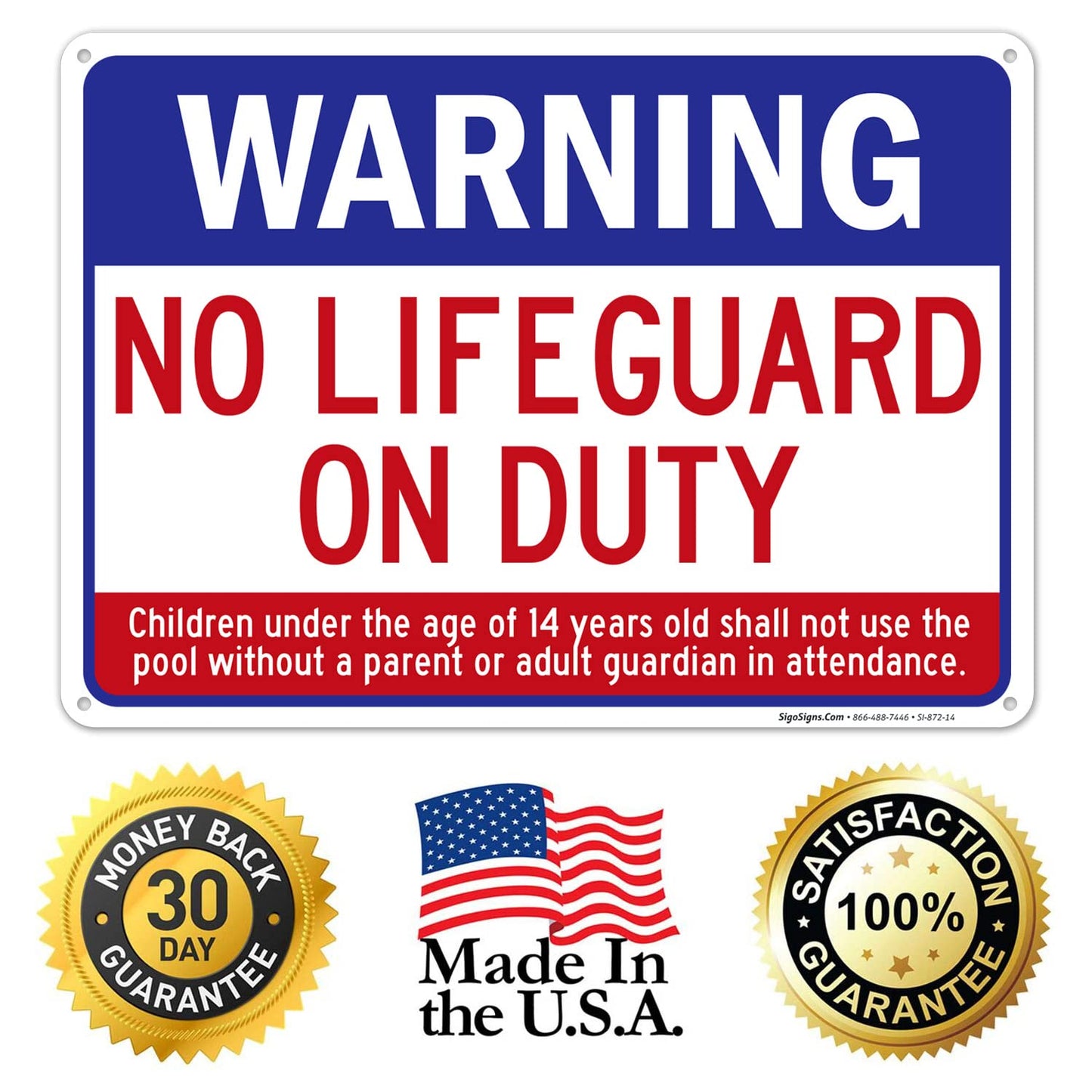 Swimming Pool Sign, Warning No Lifeguard On Duty Sign, Pool Sign, 10x14 Inches, Rust Free .040 Aluminum, Fade Resistant, Made in USA by Sigo Signs