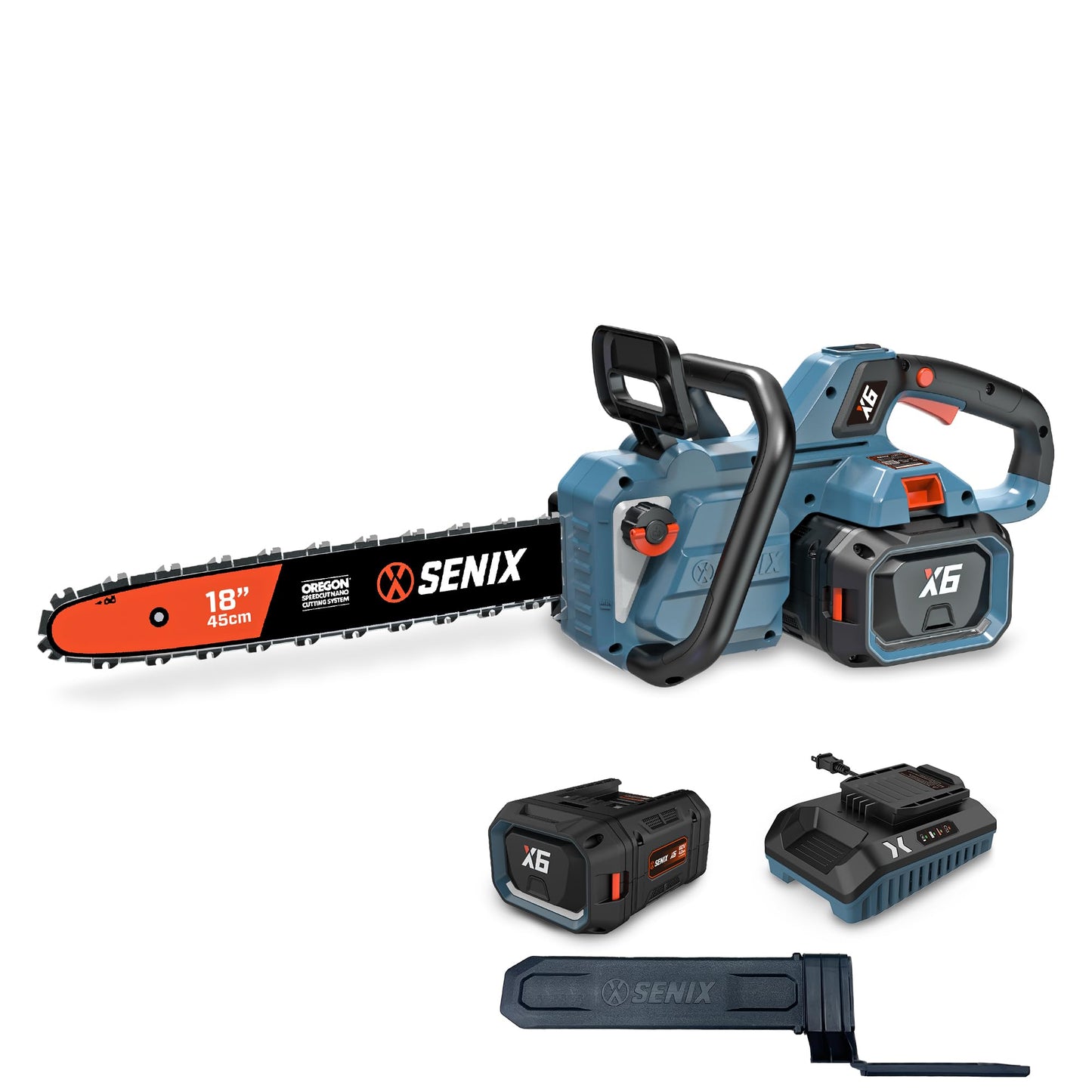 SENIX X6 60 Volt Max* 18-inch Cordless Chainsaw with Brushless Motor and Oregon Bar and Chain for Trees, Limbs, and Firewood, Auto Lubrication, Includes 4Ah Li-Ion Battery and Charger (CSX6-M1)