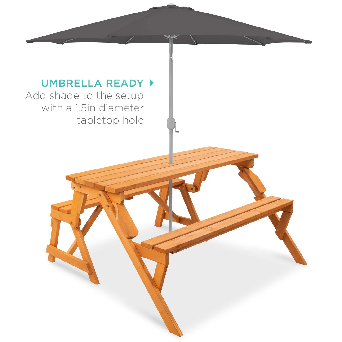 Best Choice Products 2-in-1 Transforming Interchangeable Outdoor Wooden Picnic Table Garden Bench for Backyard, Porch, Patio, Deck w/Umbrella Hole - Natural