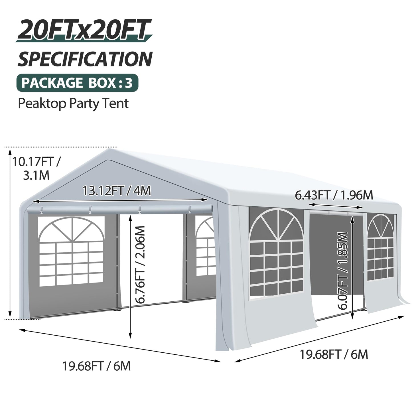 QZEN 20'x20' Canopy Party Tent, Heavy Duty Wedding Tent with Removable Sidewall & 4 Sand Bags, Outdoor Event Tent for Wedding, Birthday Party (20' x 20')