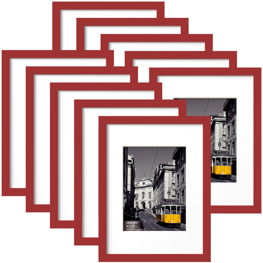 eletecpro 9x12 Picture Frames Set of 10, Picture Frame Collage Wall Decor Display 6x8 Photo With Mat or 9x12 without Mat, Home Decor Gallery Frame for Table Top or Wall Mounting, Red