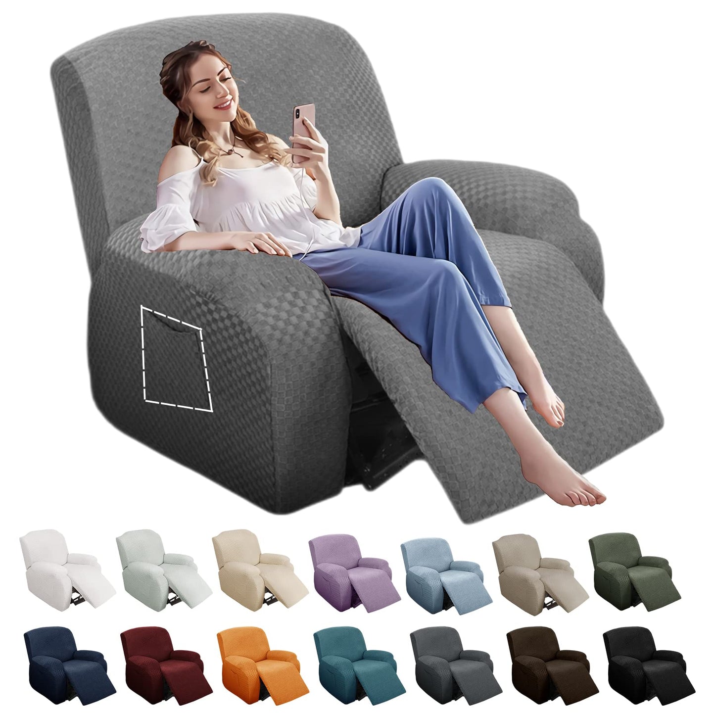 YEMYHOM 4 Pieces Stretch Recliner Slipcover Latest Jacquard Recliner Chair Cover with Side Pocket Anti-Slip Fitted Recliner Cover Couch Furniture Protector with Elastic Bottom (Recliner, Light Gray)