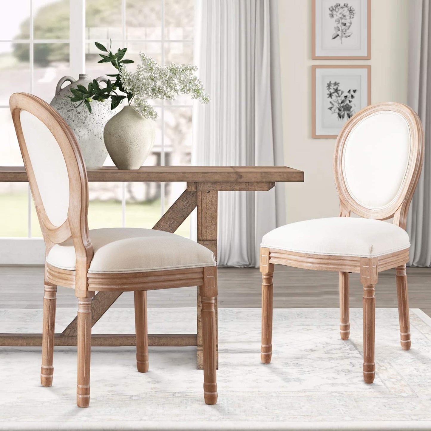 Nrizc French Country Dining Chairs Set of 4, Farmhouse Fabric Chairs with Round Back, Solid Wood Legs, Oval Side Chairs for Kitchen/Bedroom/Dining Room