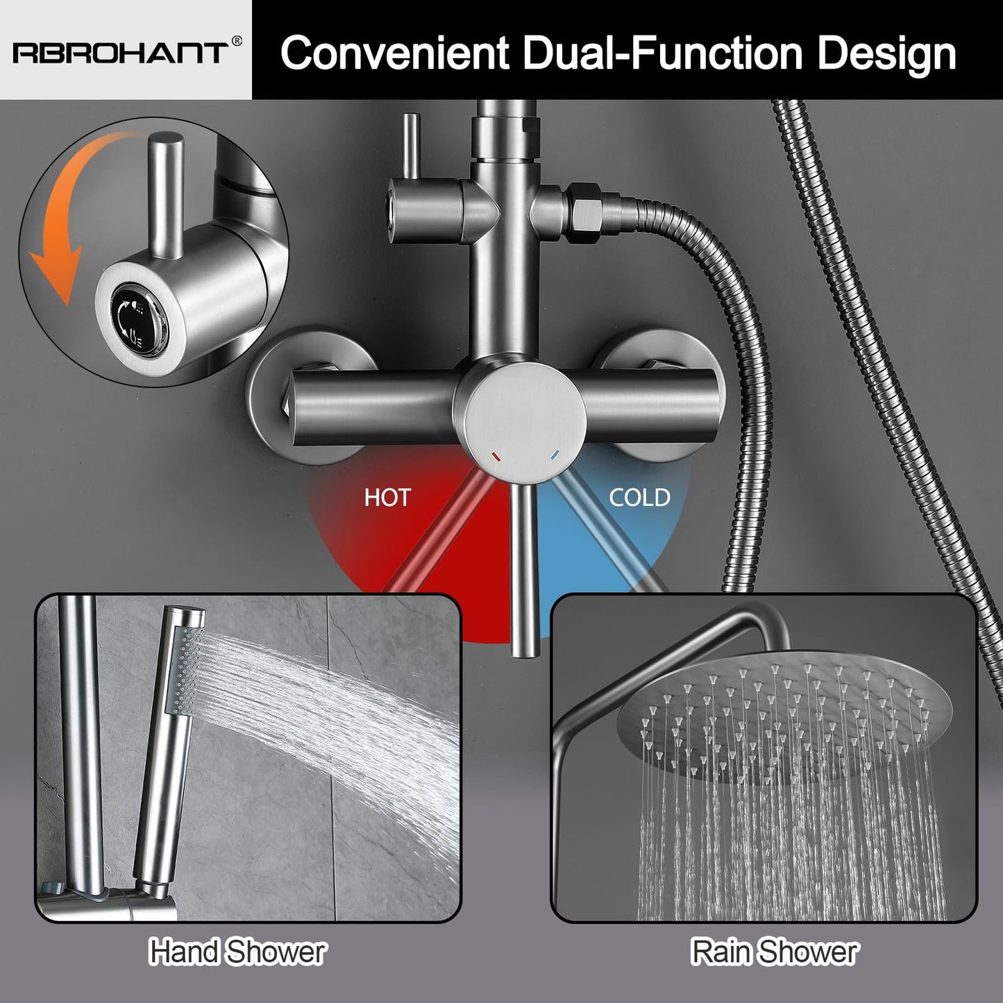 RBROHANT Outdoor Shower, Wall Mount Outdoor Shower Kit, Outside Shower Faucet with Height Adjustable Rain Shower Head and Handheld, Exposed Shower System for Pool, Wall Mounted, Brushed Nickel, JK0290