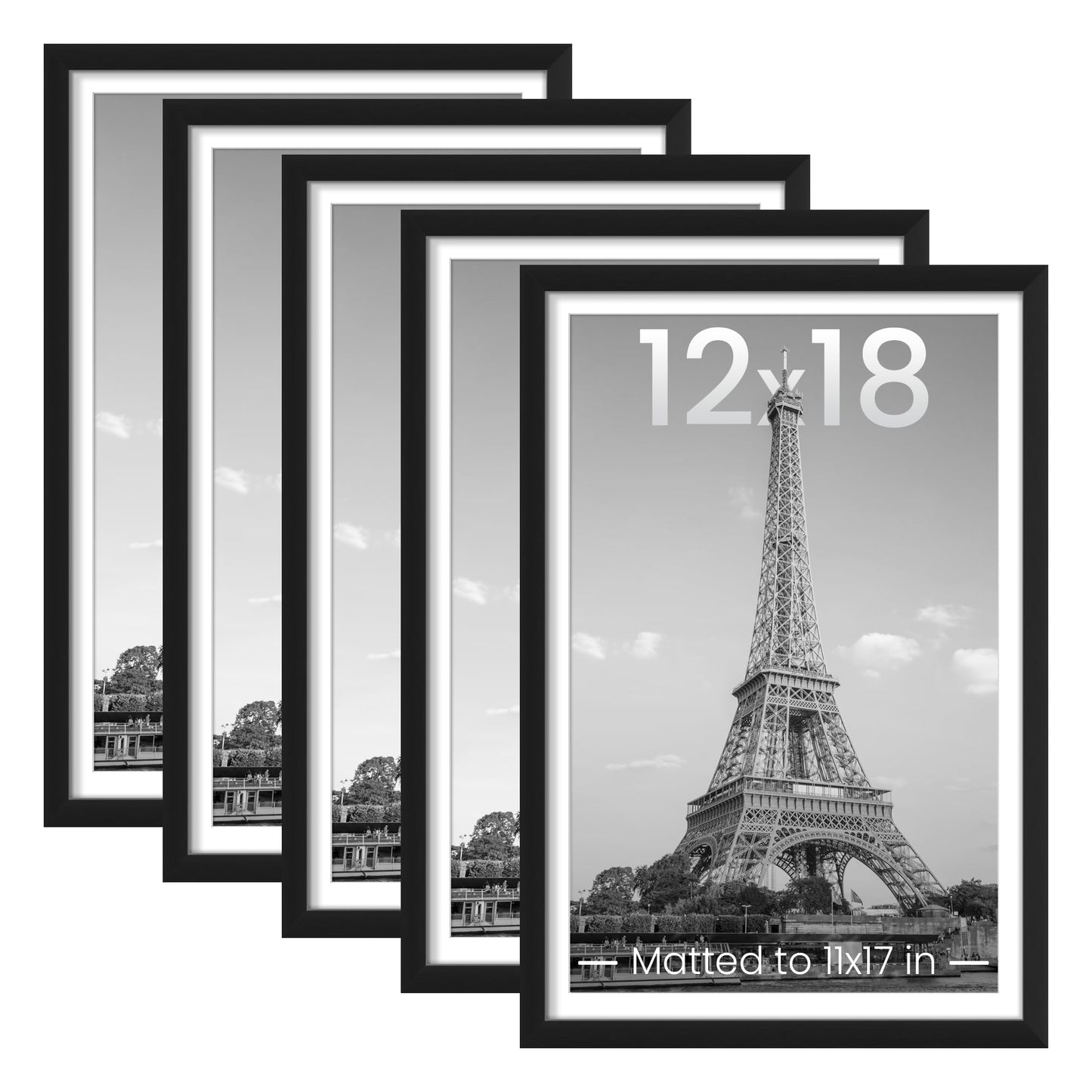 upsimples 12x18 Picture Frame Set of 5, Display Pictures 11x17 with Mat or 12x18 Without Mat, Wall Gallery Photo Frames, Black