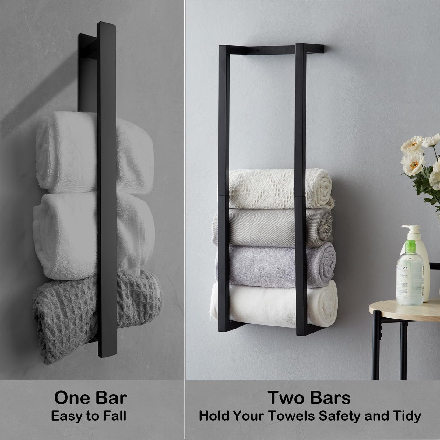 Towel Rack for Rolled Towels, Towel Rack for Bathroom,Wall Mounted Metal Bathroom Organizer, Bath Towel Holder Wall for Modern Small Space Bathroom Towel Storage (Black)