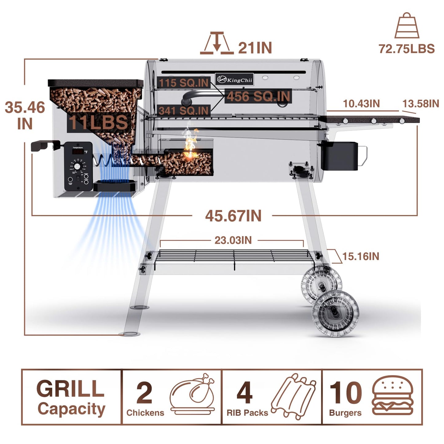 KingChii 456 SQ.IN Pellet Grill Smoker with Side Shelf, 8 IN 1 BBQ Grill with PID Temperature Control for Outdoor Cooking, BBQ Camping and Patio, Brown(Cover Including)