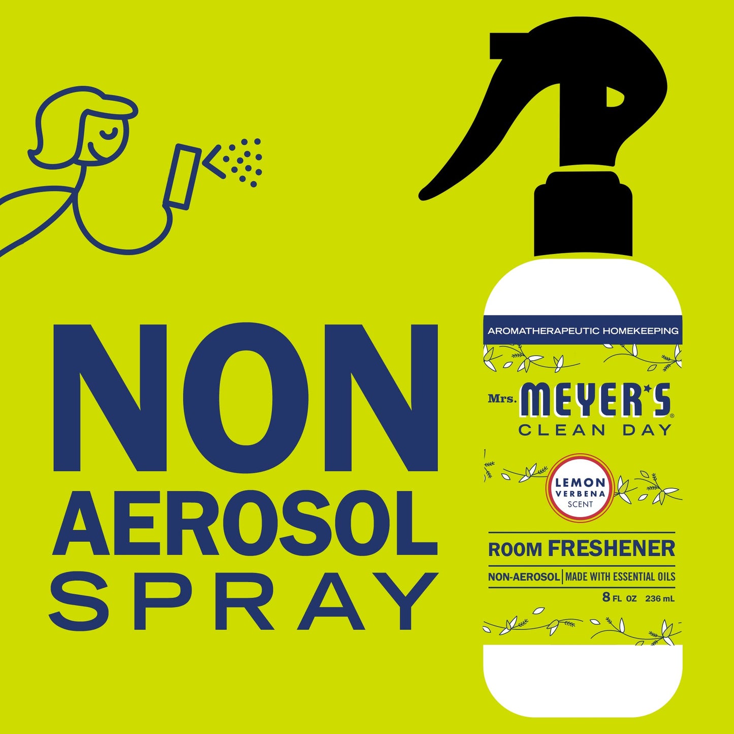 MRS. MEYER'S CLEAN DAY Room and Air Freshener Spray, Non-Aerosol Spray Bottle Infused with Essential Oils, Lemon Verbena, 8 fl. oz