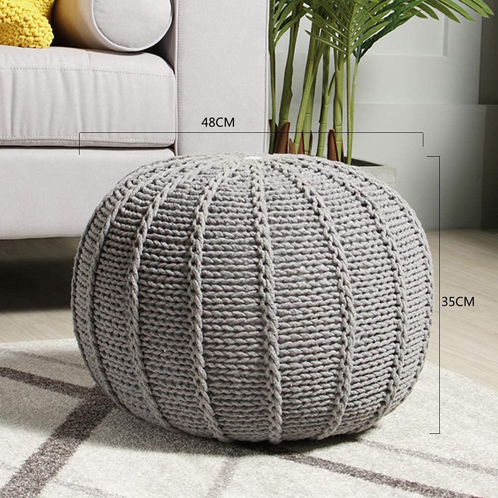 HAPPLiGNLY Footstool Hand Knitted Round Pouf,Cable Style Cotton Braided Rope Floor Comfortable Seat Footstool-C 48X48X35Cm(19X19X14Inch)