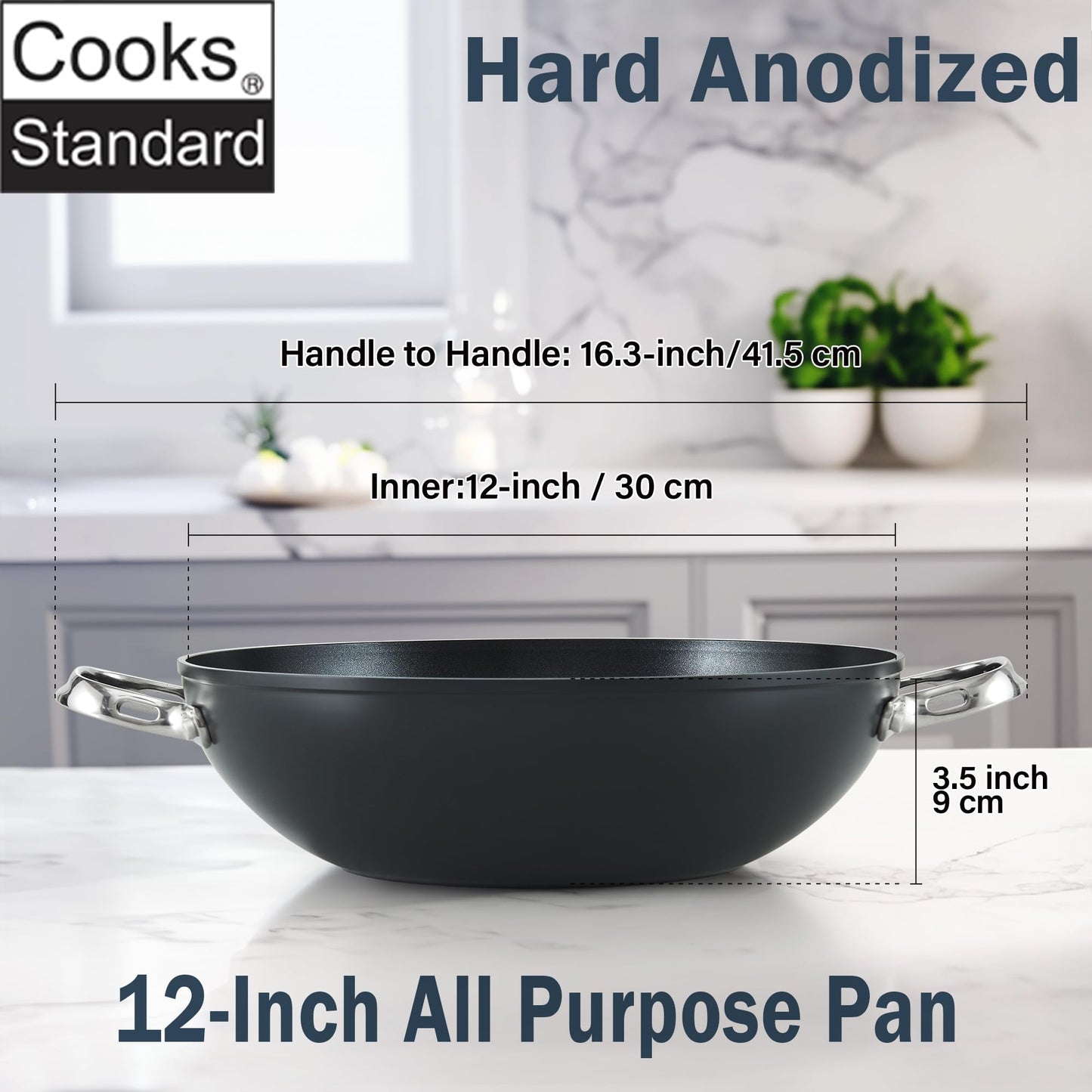 Cooks Standard Everyday Pan with Glass Lid, Chef's Pan 12-Inch Hard Anodized Nonstick All Purpose Pan 5-Quart Wok Stir Fry Pan, Black