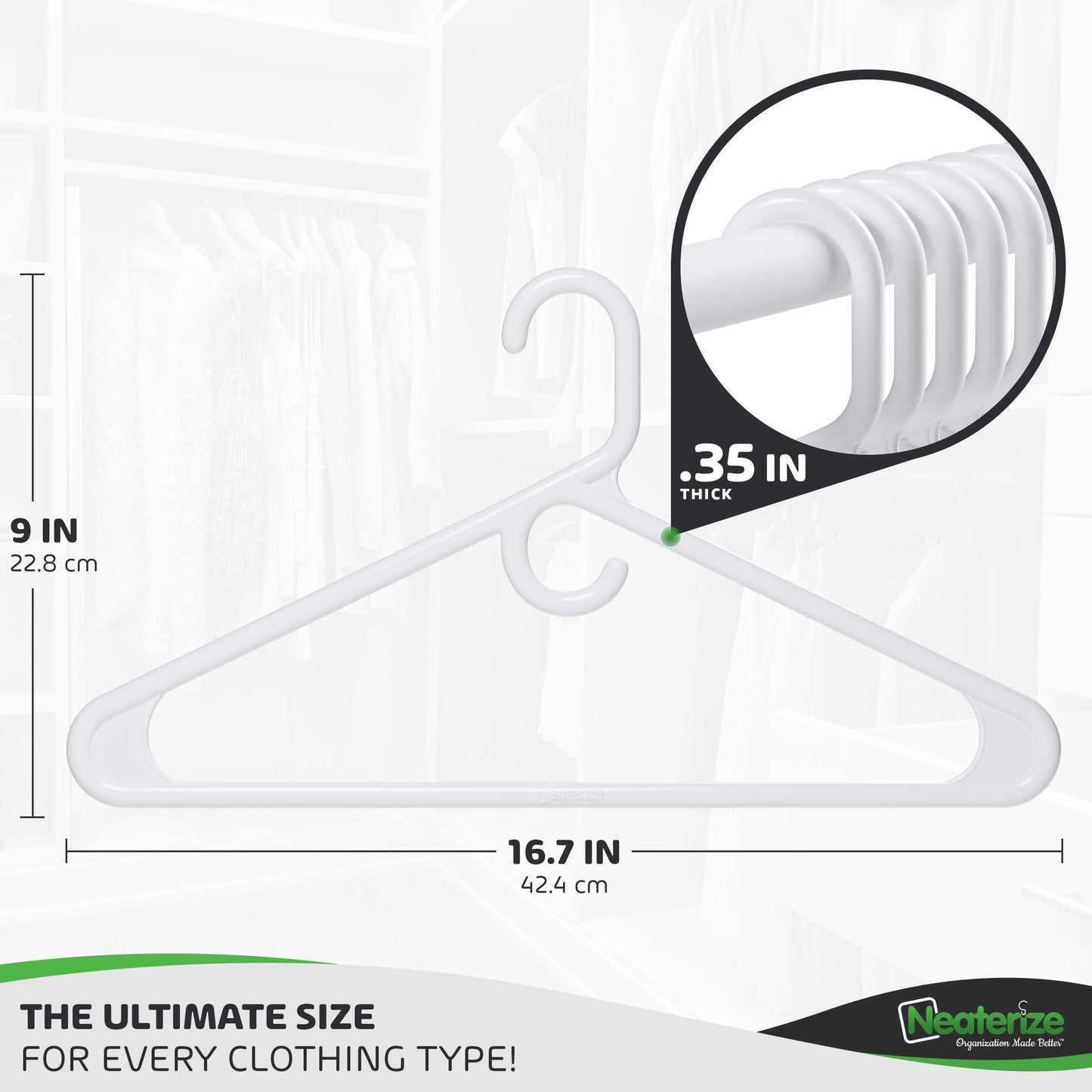 NEATERIZE Ultra Heavy Duty Plastic Clothes Hangers - White - Durable Coat, Suit and Clothes Hanger. Perchas De Ropa (24 Pack - White)