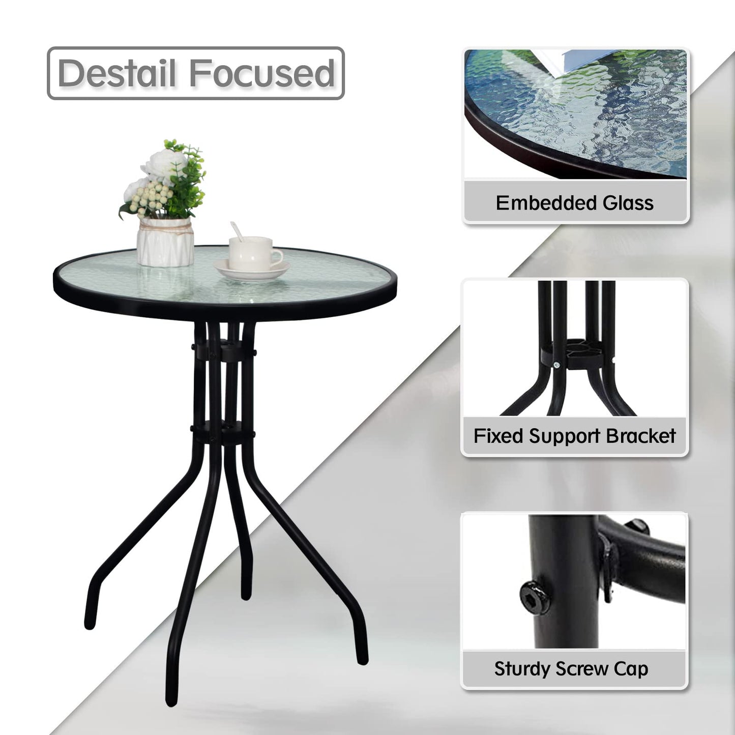 DIMAR GARDEN 24" Outdoor Side Table Patio Metal Round Bistro Coffee Table with Glass Top,Black