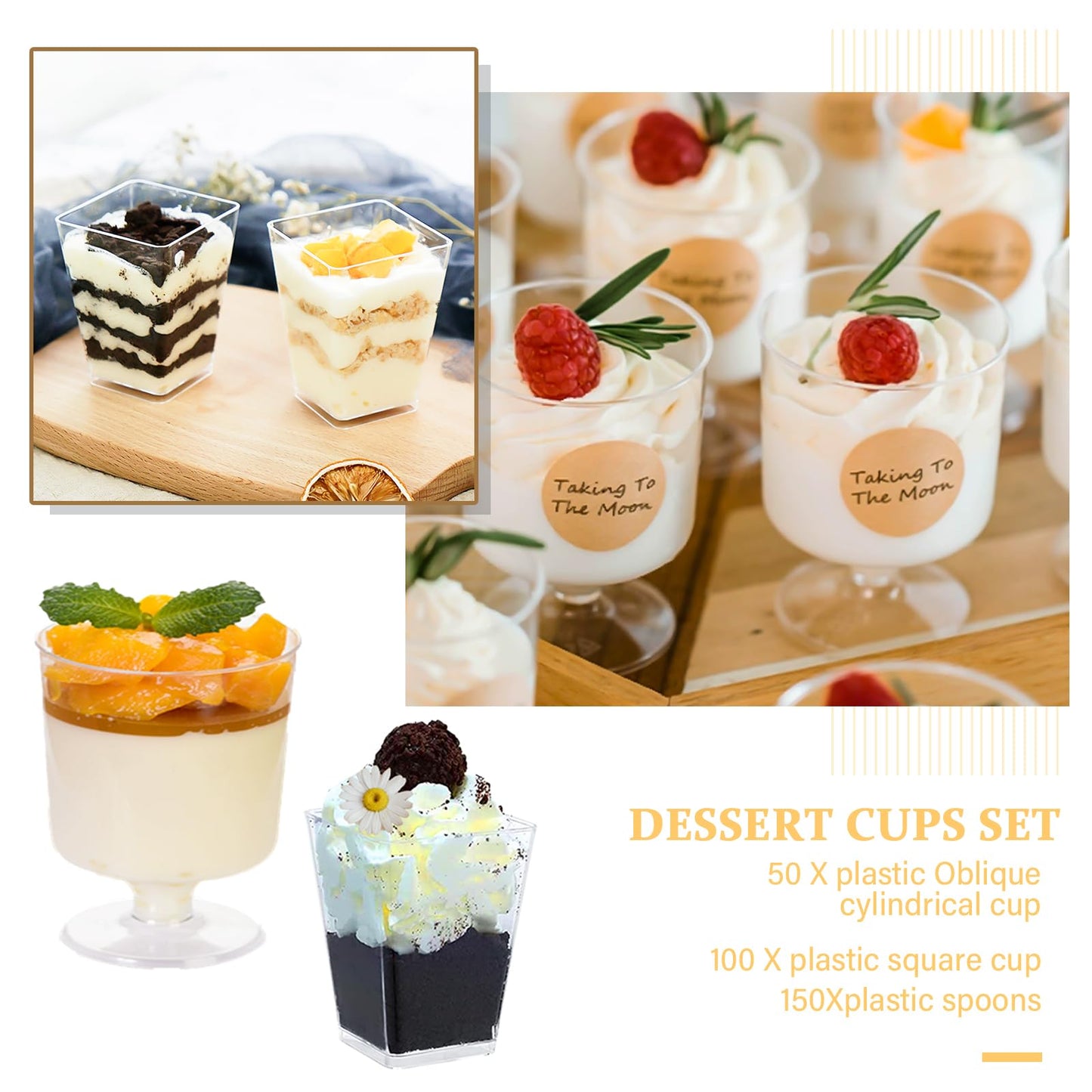 mwellewm 300 Packs Dessert Cups with Spoons, 5 OZ Mini Clear Plastic Dessert Parfait Cup for Party, Square Dessert Shot Glasse Round Goblet Small Reusable Fruit Ice Cream Pudding Appetizer Cup Bowls