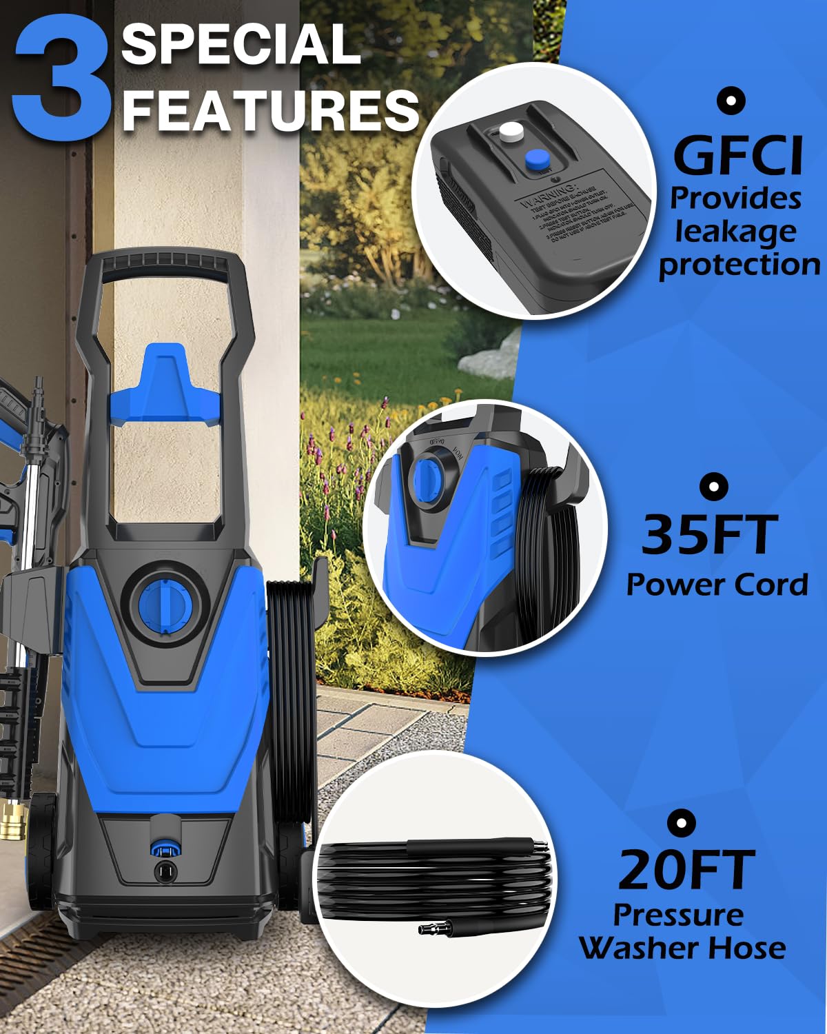 AgiiMan Electric Pressure Washer, 4200PSI Max 2.8 GPM Power Washer Electric Powered with 20FT Hose, 4 Nozzles, Foam Cannon, High Pressure Cleaner Machine for Cars,Patios,Furniture,Driveways, Blue
