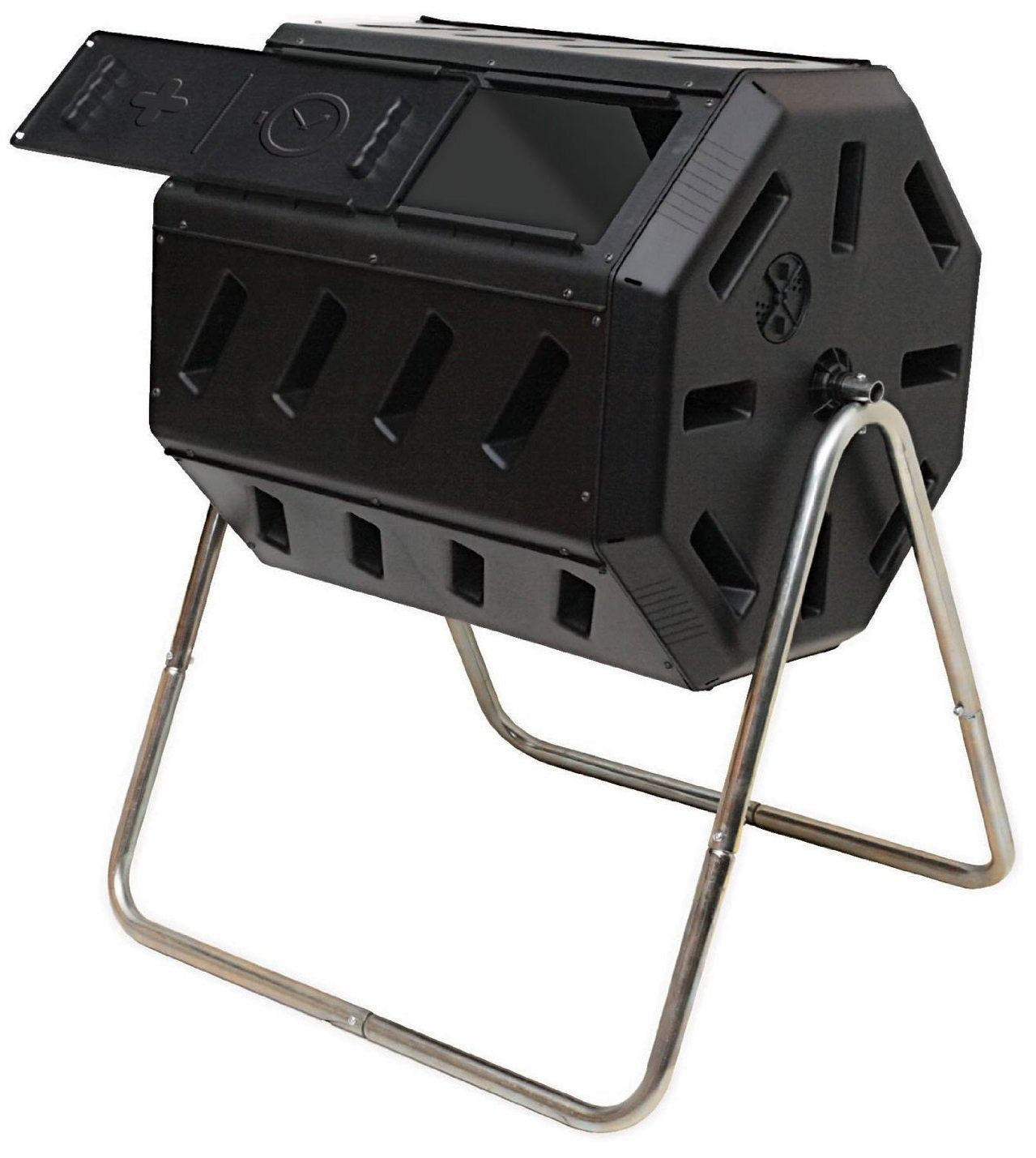 FCMP Outdoor IM4000 Dual Chamber Tumbling Composter Canadian-Made, 100% Recycled Resin - Outdoor Rotating Compost Tumbler Bin for Garden, Kitchen, and Yard Waste, Black (37 Gallon)