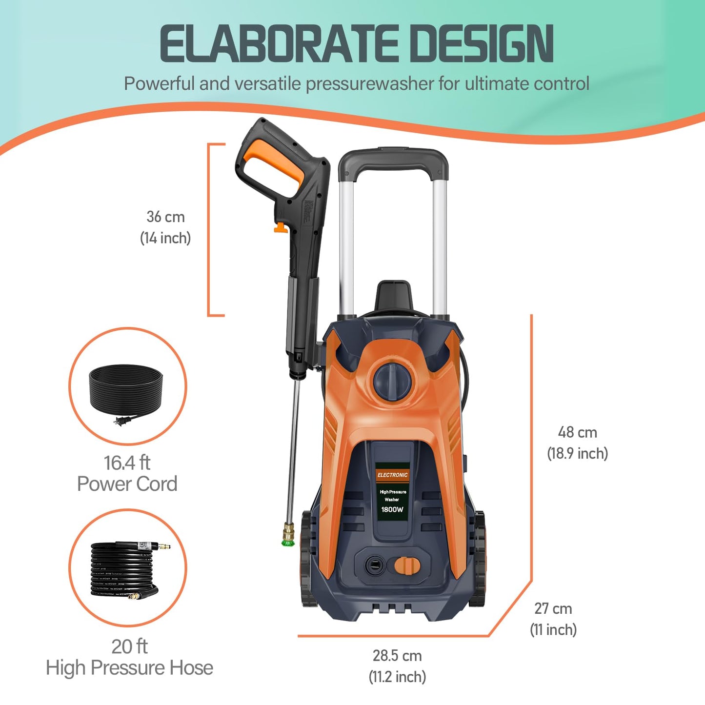 Electric Pressure Washer 4800 PSI Max 2.9 GPM Power Washer with 25 FT Hose, 4 Quick Connect Nozzle and 16.9 Oz Soap Tank Orange