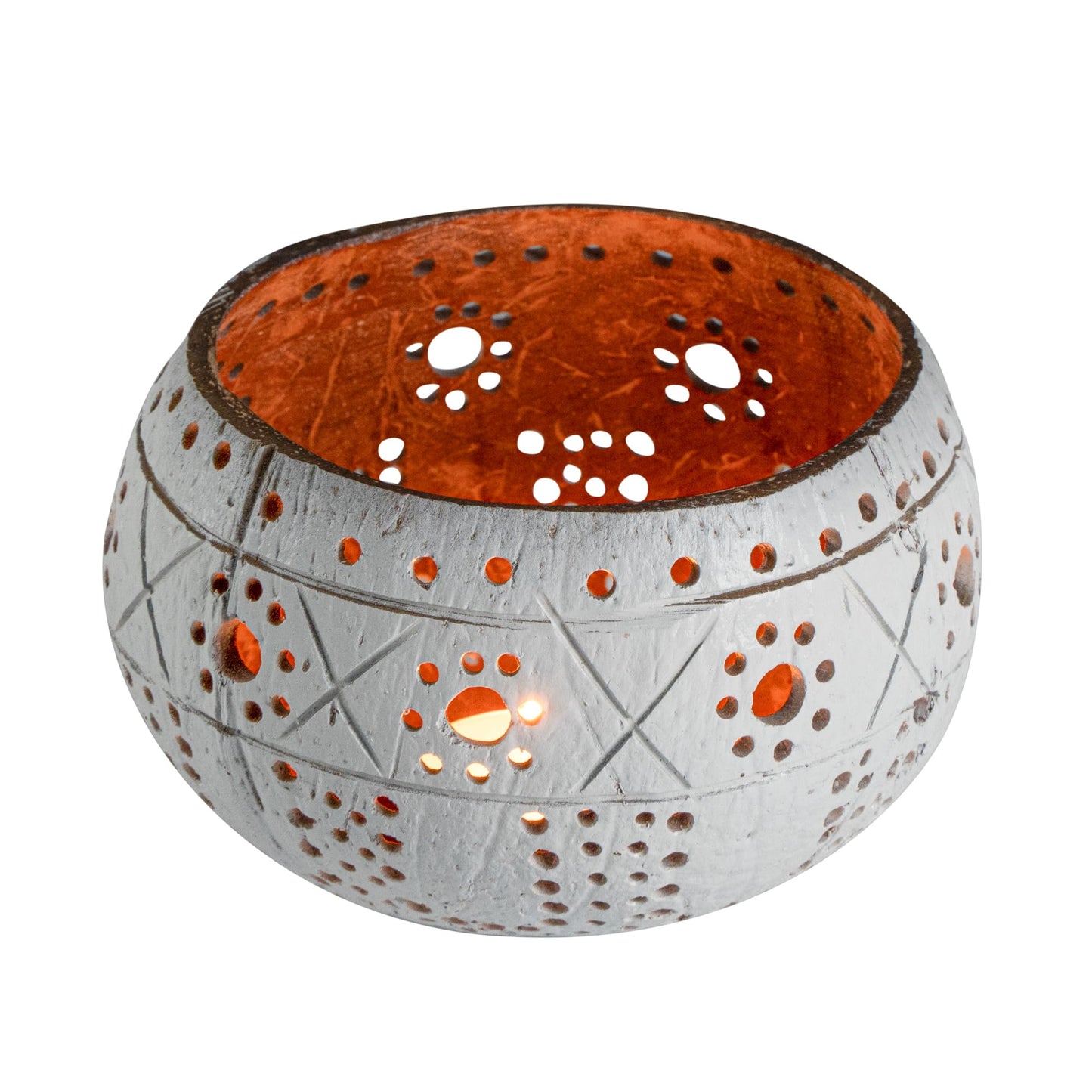 Restaurantware - Coco Casa 4 x 3.3 Inch Coconut Shell Candle Holders, 1 Reusable Tealight Candle Holders - Candle Not Included, Sun And Light Pattern, White Coconut Bowls For Candles, Handcrafted