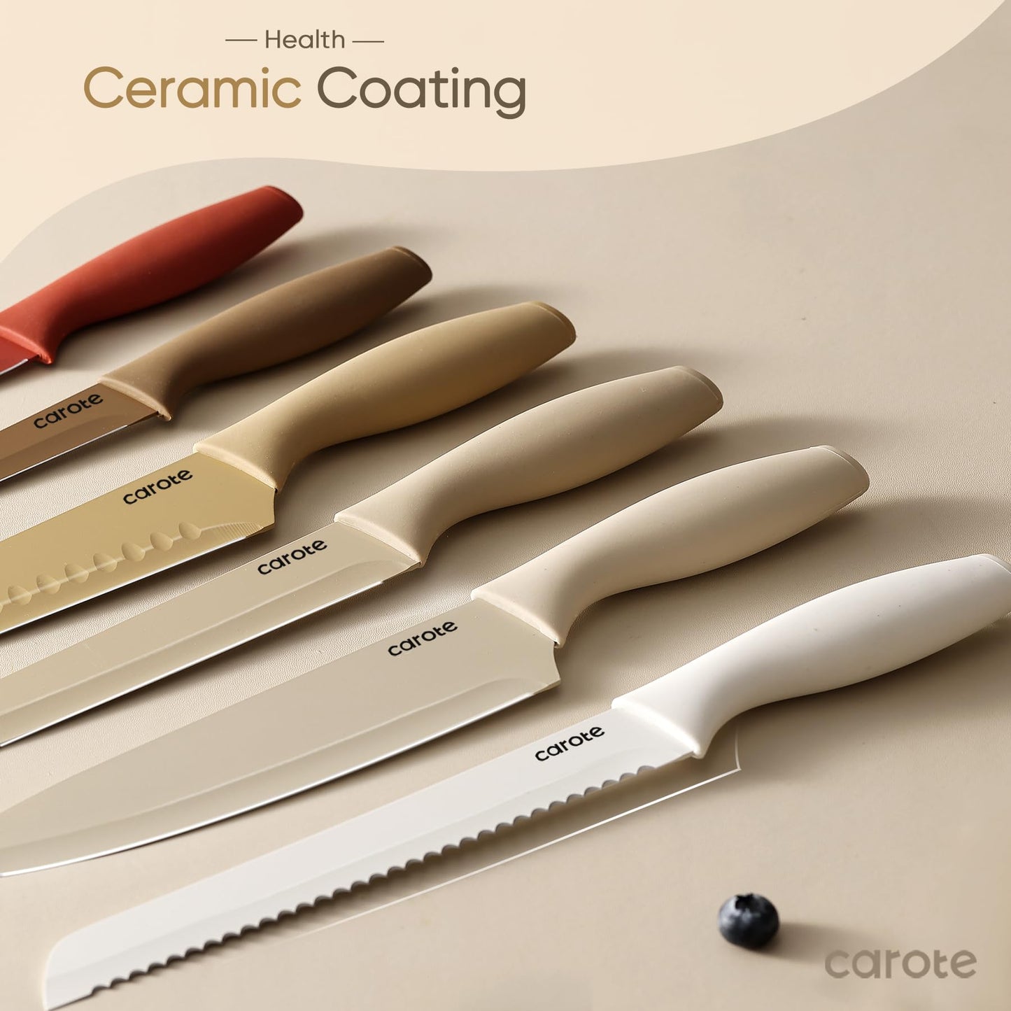 CAROTE 12 Pieces Kitchen Knife Set, Stainless Steel Knife Set With Nonstick Ceramic Coating, Dishwasher Safe with 6 Blade Guards, Rustproof, Brown