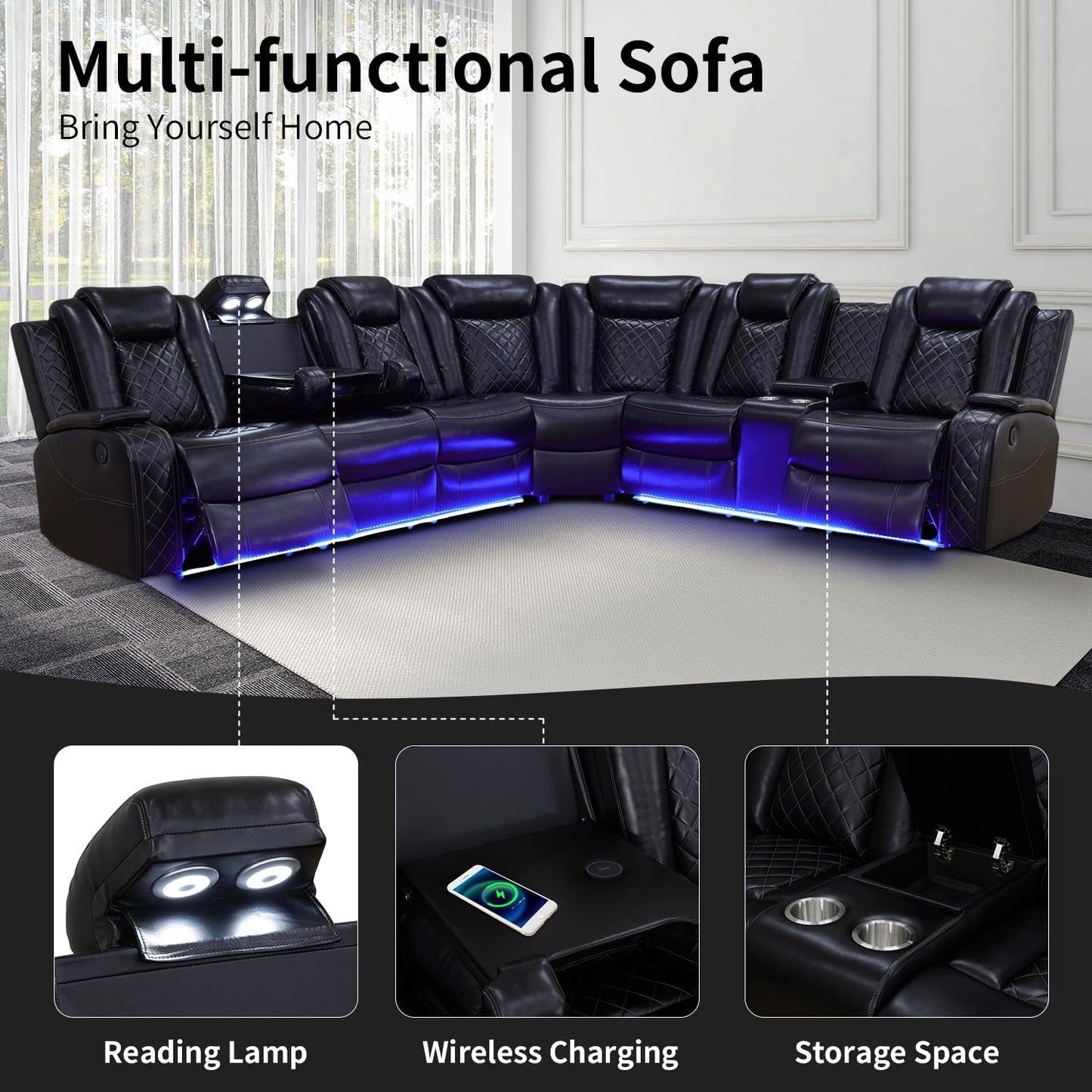 Caberryne Power Recliner Sofa Sectional Couches with LED Light for Living Room,Leather Reclining Corner Sectional Sofa with 2 Recliner Seats,Cup Holder,Storage Console for House/Home Theater, Black