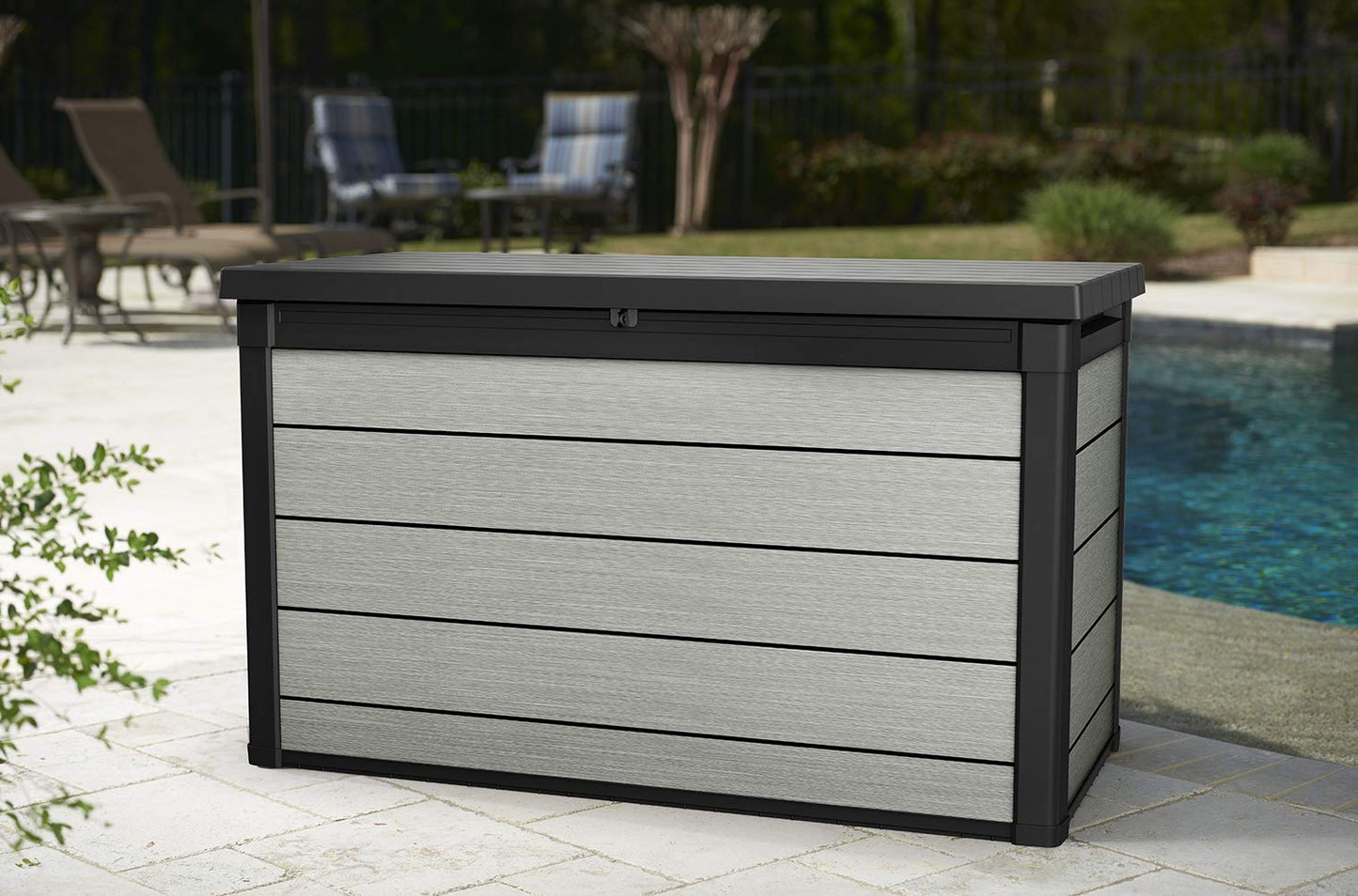 Keter Denali 200 Gallon Resin Large Deck Box with Double Wall 20mm Panels - Paintable and Drillable-Organization and Storage for Patio Furniture and Outdoor Items, Grey & Black