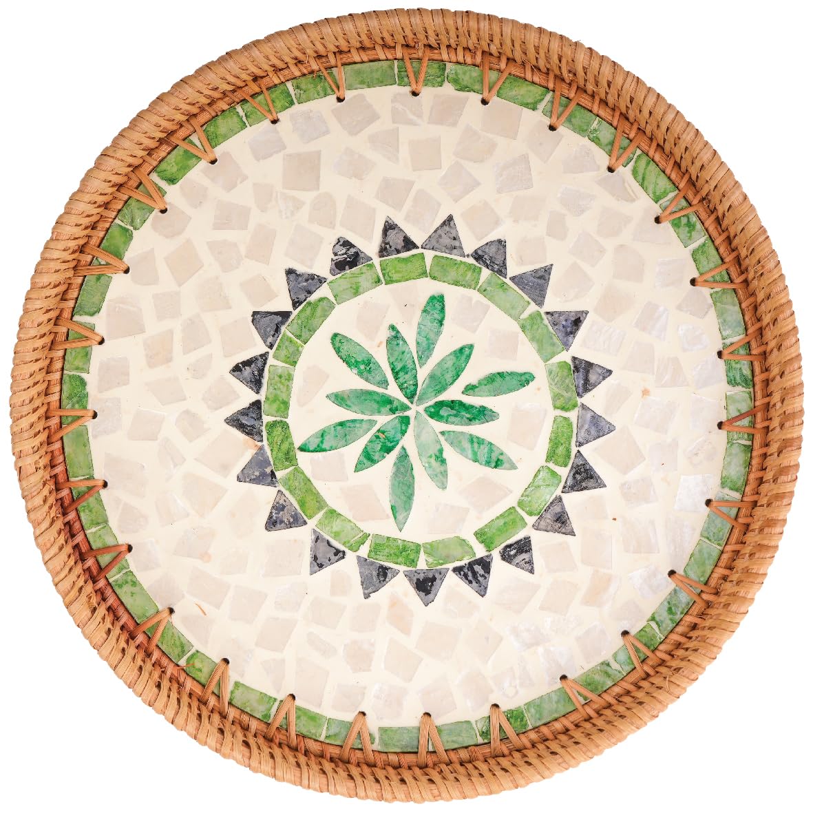 AN68 11.8 inches Round Rattan Serving Tray with Mother of Pearl Inlay, Home Decorative Wicker Basket for Table Decor, Kitchen, Bathroom and Display of Coffee, Bread, Food & Fruit (Sun)