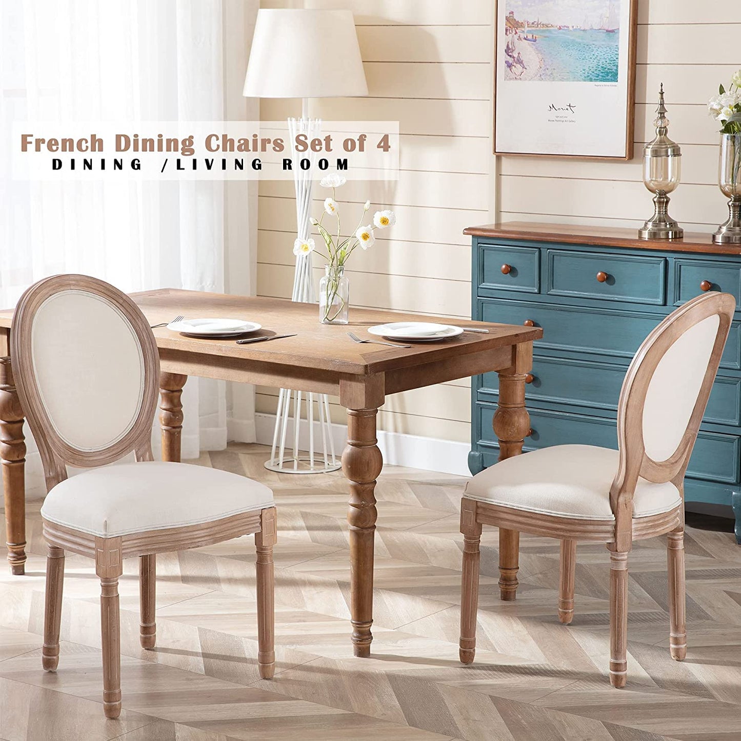 Nrizc French Country Dining Chairs Set of 4, Farmhouse Fabric Chairs with Round Back, Solid Wood Legs, Oval Side Chairs for Kitchen/Bedroom/Dining Room