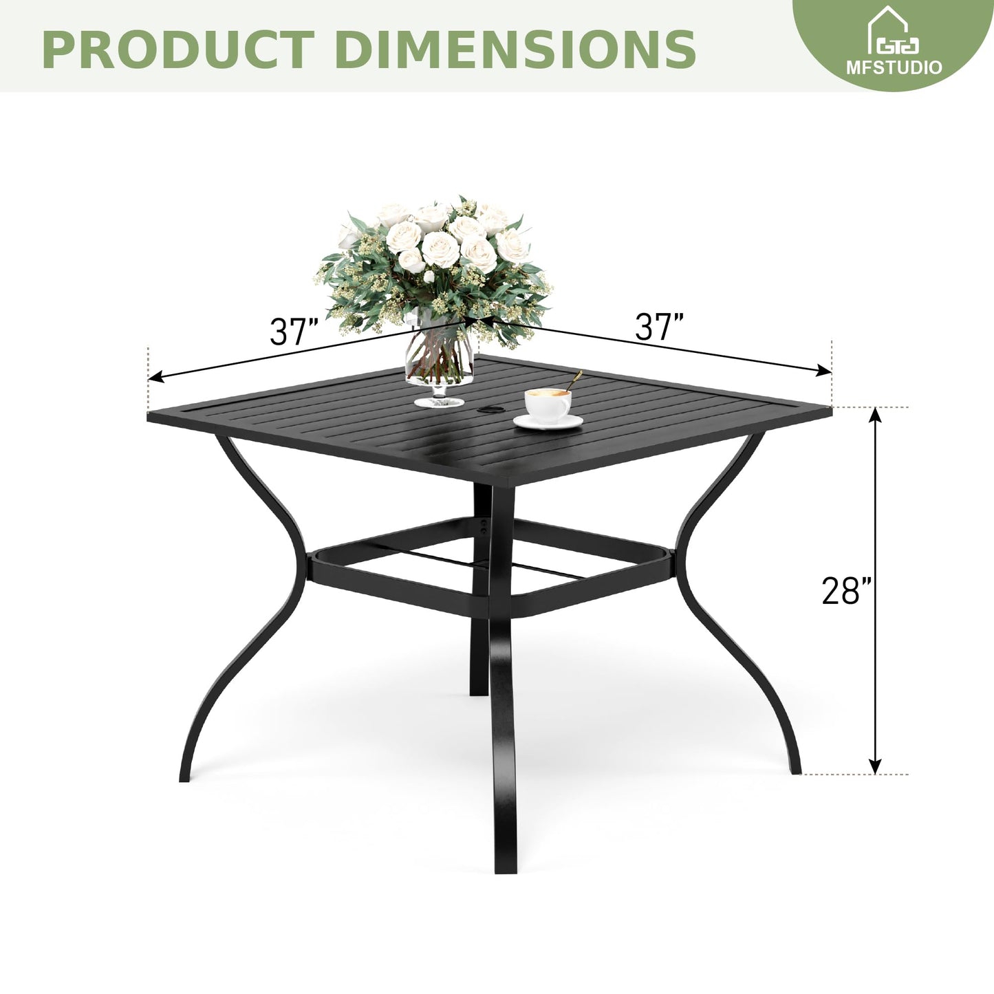 PHI VILLA 37" Metal Steel Slat Patio Dining Table Square Backyard Bistro Table Outdoor Furniture Garden Table, 1.57” Umbrella Hole, Black