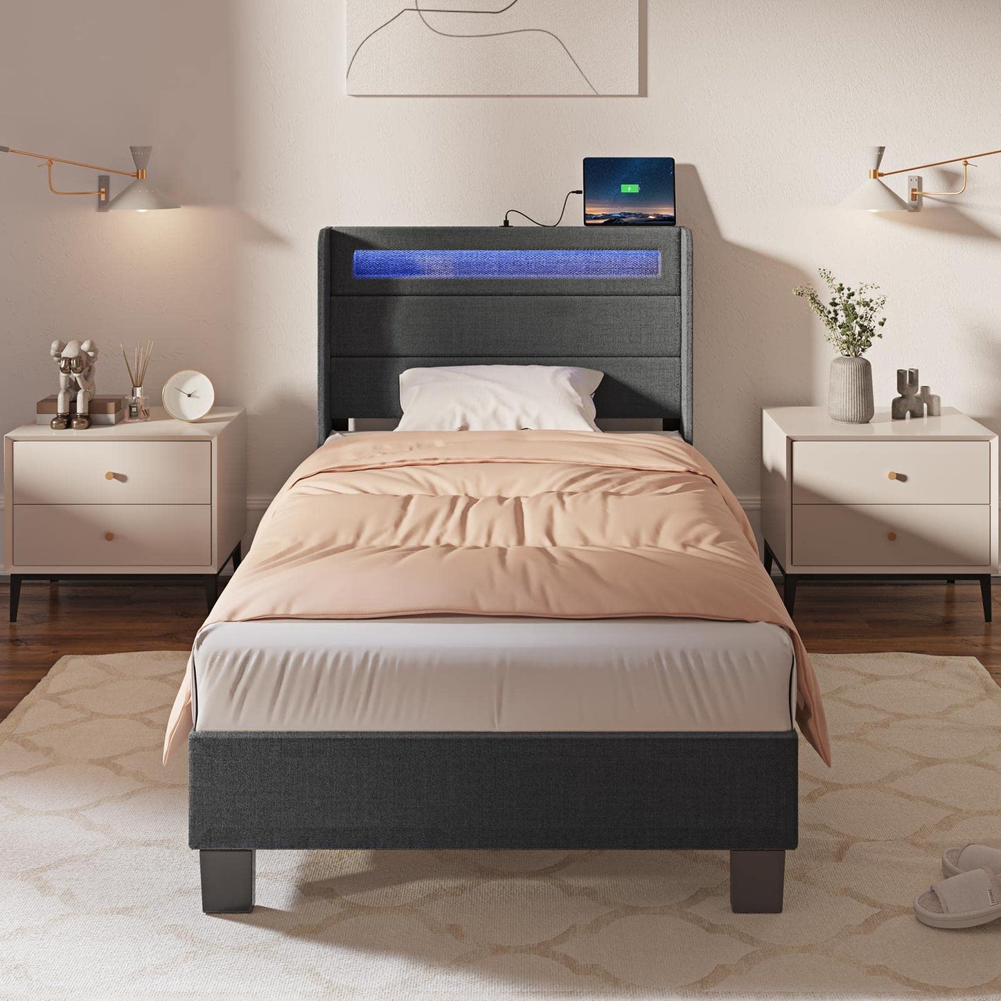 Rolanstar Bed Frame Twin Size with LED Lights and Charging Station, Upholstered Bed with Motion Activated Night Light and Wood Slats, Dark Grey