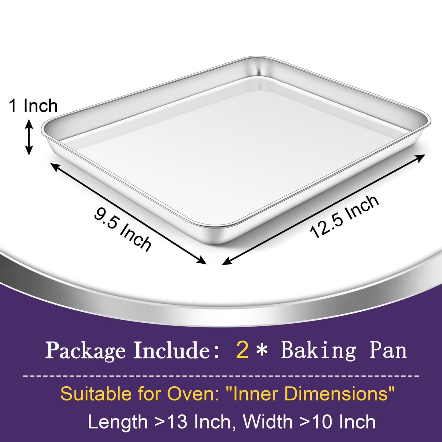 TeamFar Toaster Oven Pan Set of 2, Stainless Steel Toaster Oven Baking Tray Ovenware, 12.5’’x 9.5’’x1’’, Non Toxic & Healthy, Rust Free & Mirror Finish, Easy Clean & Dishwasher Safe