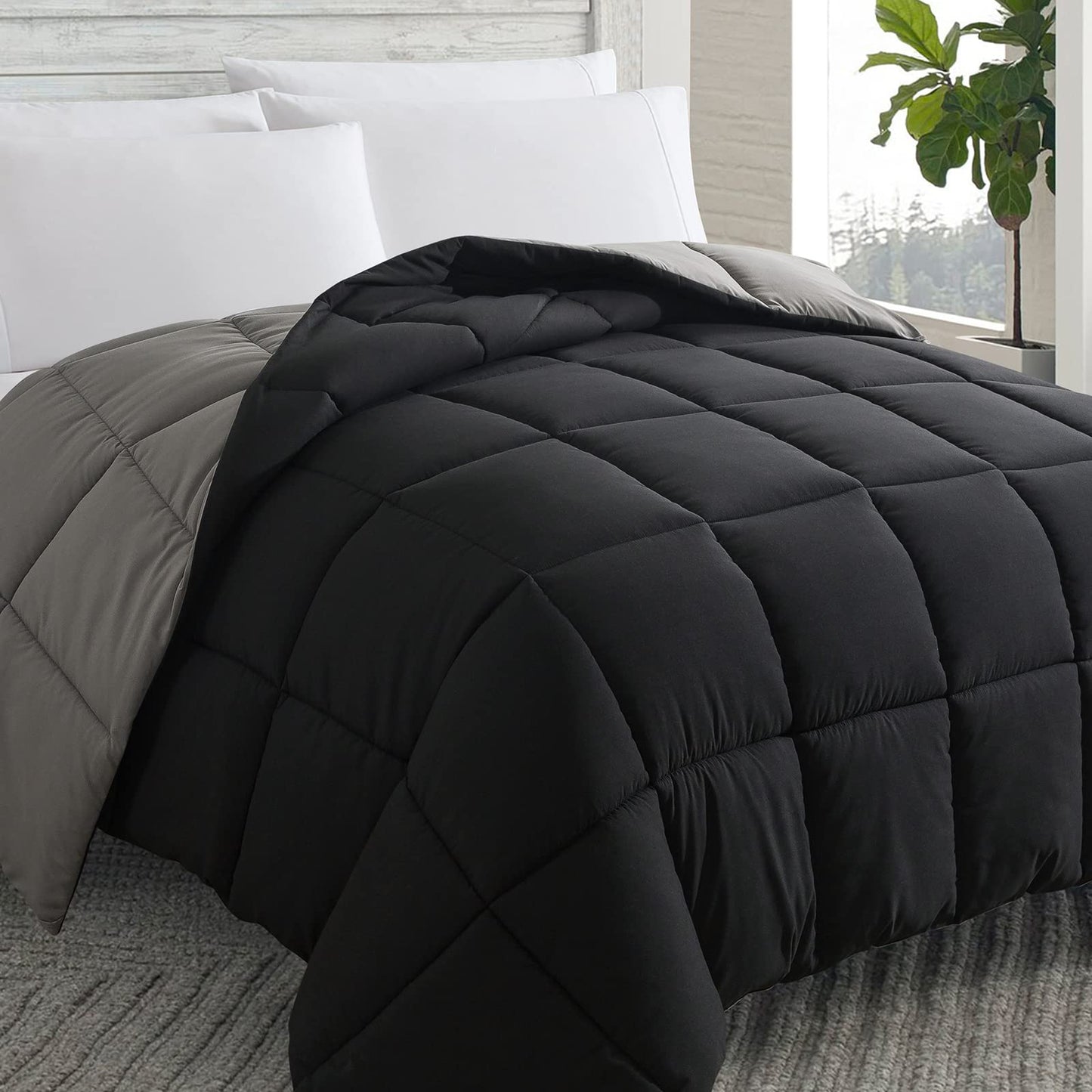 Cosybay Down Alternative Comforter (Black/Grey, Queen) - All Season Soft Quilted Queen Size Bed Comforter - Duvet Insert with Corner Tabs -Winter Summer Warm Fluffy, 88x92inches