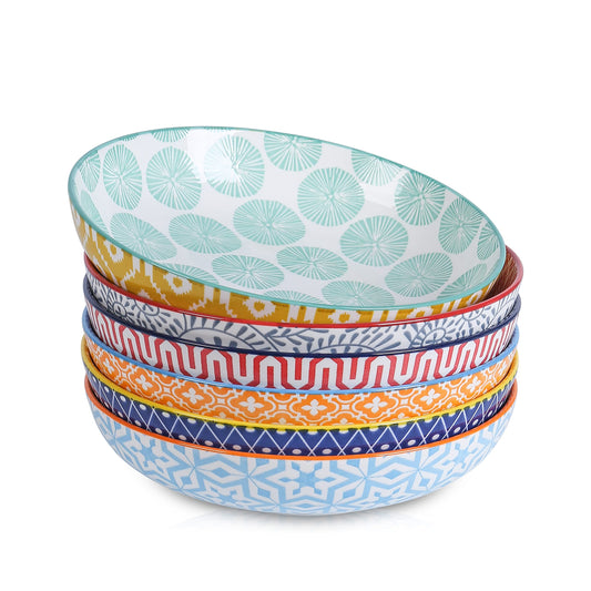 Selamica Porcelain 26 Ounce Pasta Bowls Set of 6, 8 inch Wide and Shallow Salad Bowls, Serving Bowls, Microwave & Dishwasher Safe, Sturdy & Stackable, Variety of Colors