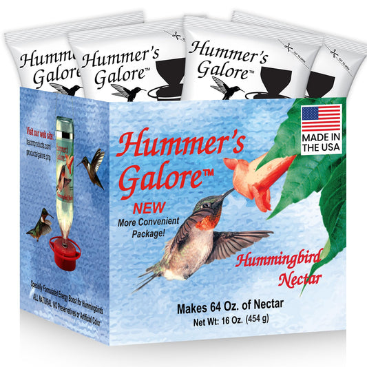 Hummer's Galore Hummingbird Food - Ready-to-Mix Hummingbird Nectar, All-Natural Nectar Collector Formula, No Preservatives or Dyes, Makes 64 Ounces (4 Packets Included)