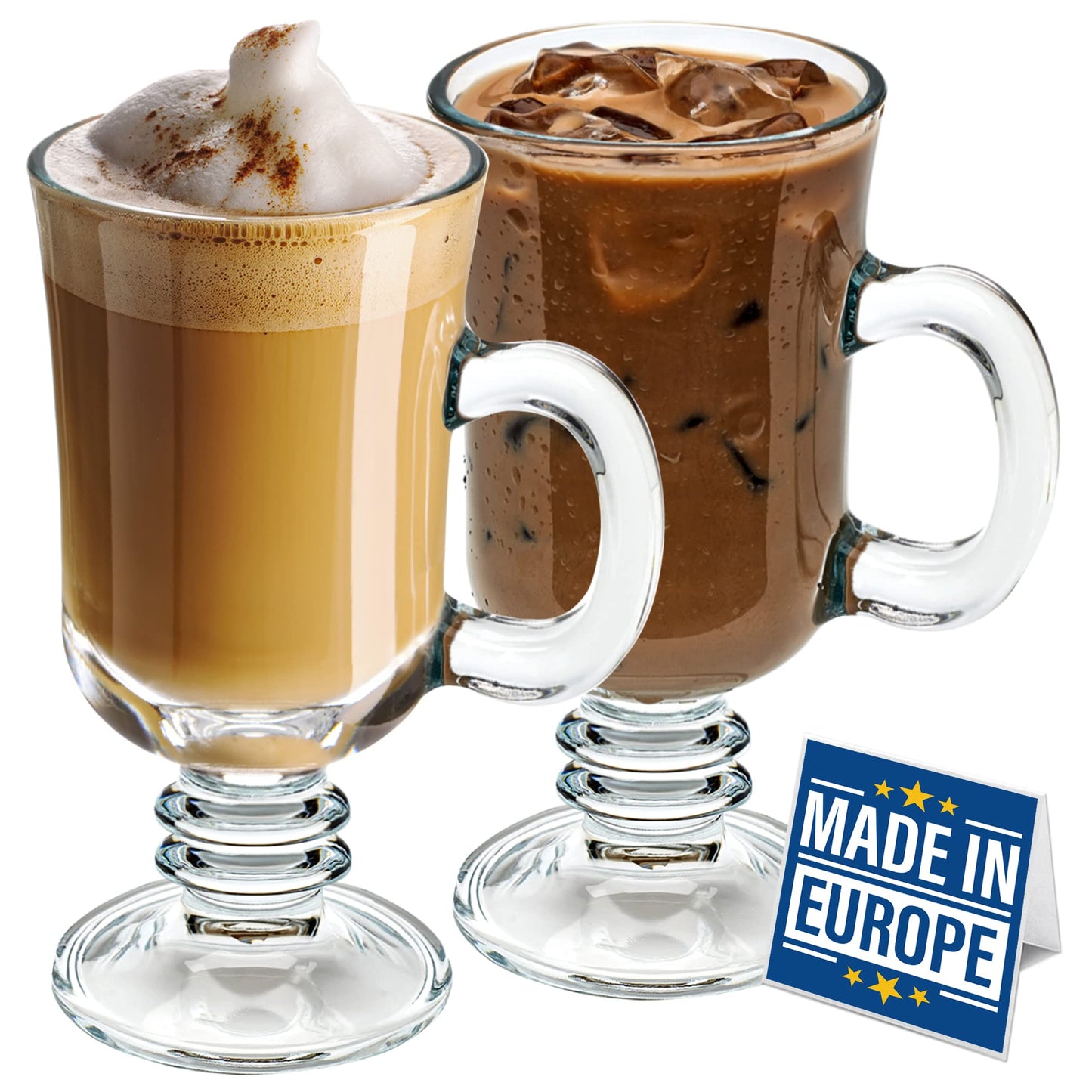 Volarium Irish Coffee Glass Mugs, Latte Cups, Set of 2 Cappuccino and Hot Chocolate Mugs with Handle, Clear Glass Mugs for Hot Beverages, 7 3/4 oz