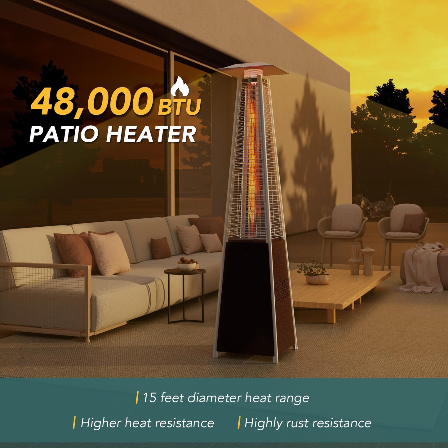 Pamapic Patio Heater, 48,000 BTU Pyramid Flame Outdoor Heater with Cover, Quartz Glass Tube Hammered Bronze Tower Propane Outdoor Heater with Wheels