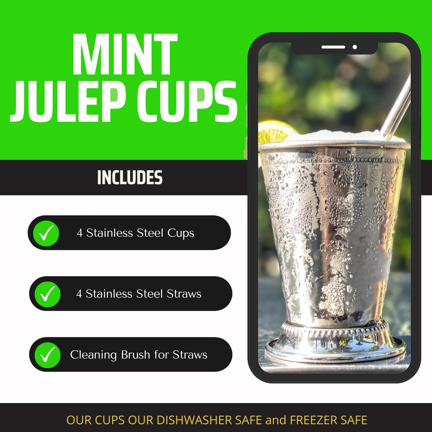 Mint Julep Cups Set of 4 with Straws - Stainless Steel Mint Julep Cup - Mint Julep Glasses - 12oz Commercial Grade Cups - Metal Cups - 2024 Mint Julep Set by Flavourd