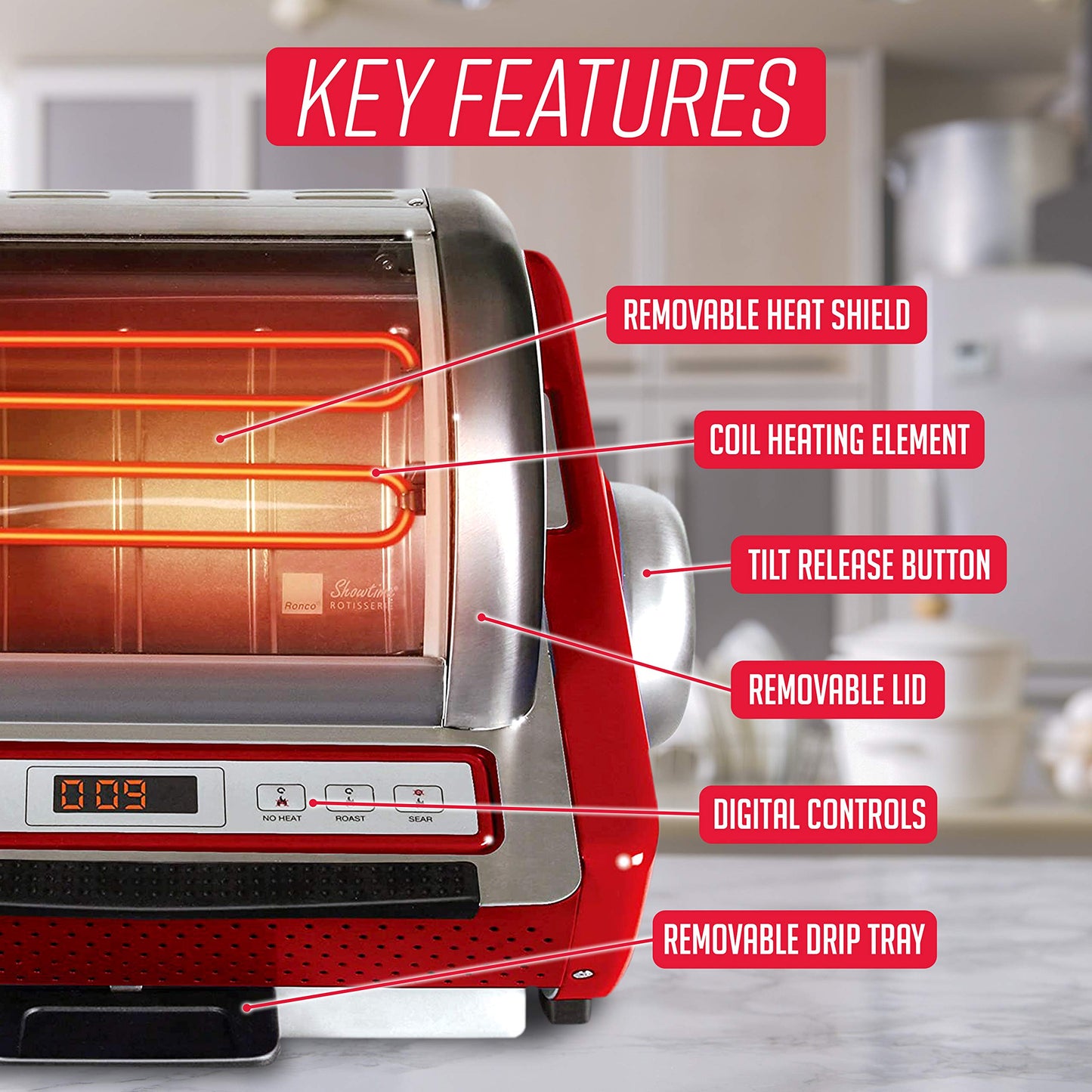 Ronco Showtime EZ-Store Large Capacity Rotisserie & BBQ Oven, Digital Controls, Compact Storage, Perfect Preset Rotation Speed, Self-Basting, Auto Shutoff, Includes Multipurpose Basket, red