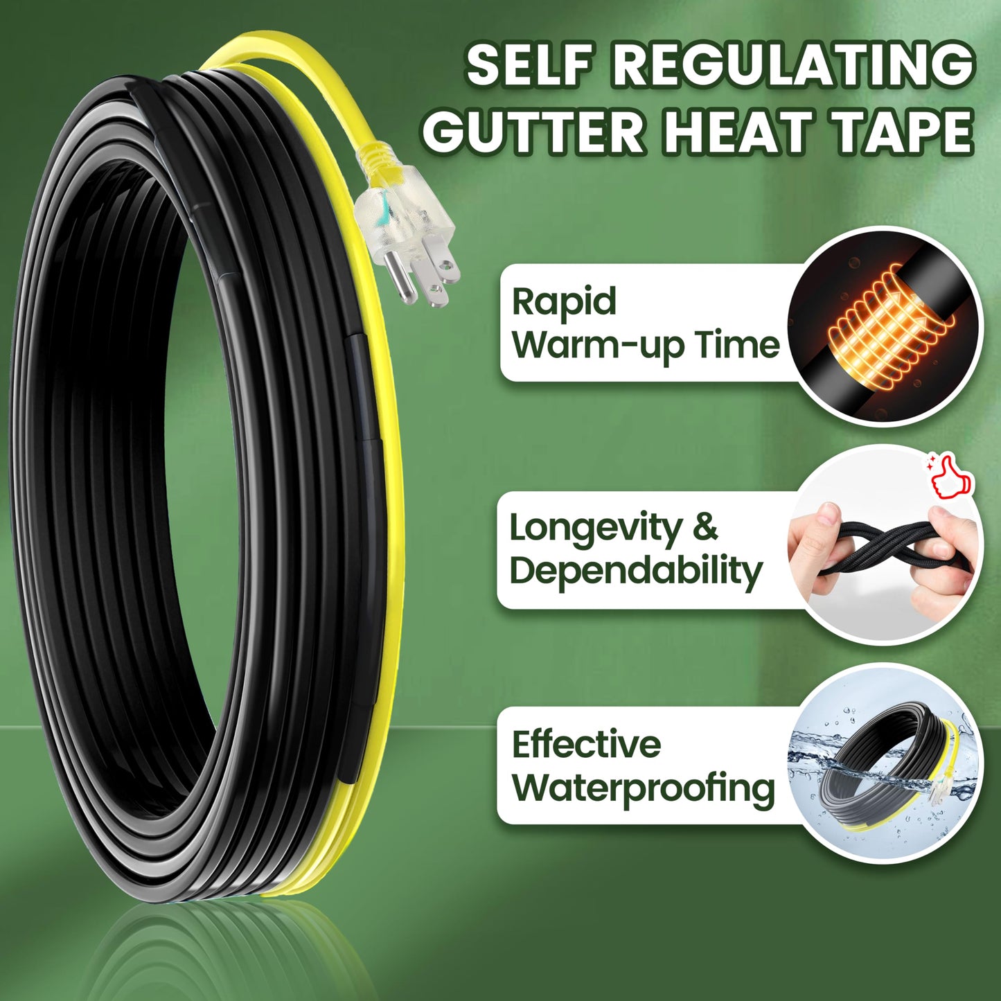 Gutter Heat Trace Cable YeloDeer, Self Regulating Heat Tape for Roofs with 6 ft Power Cold Lighted Plug, 6 W/Ft 120 V 15 ft.