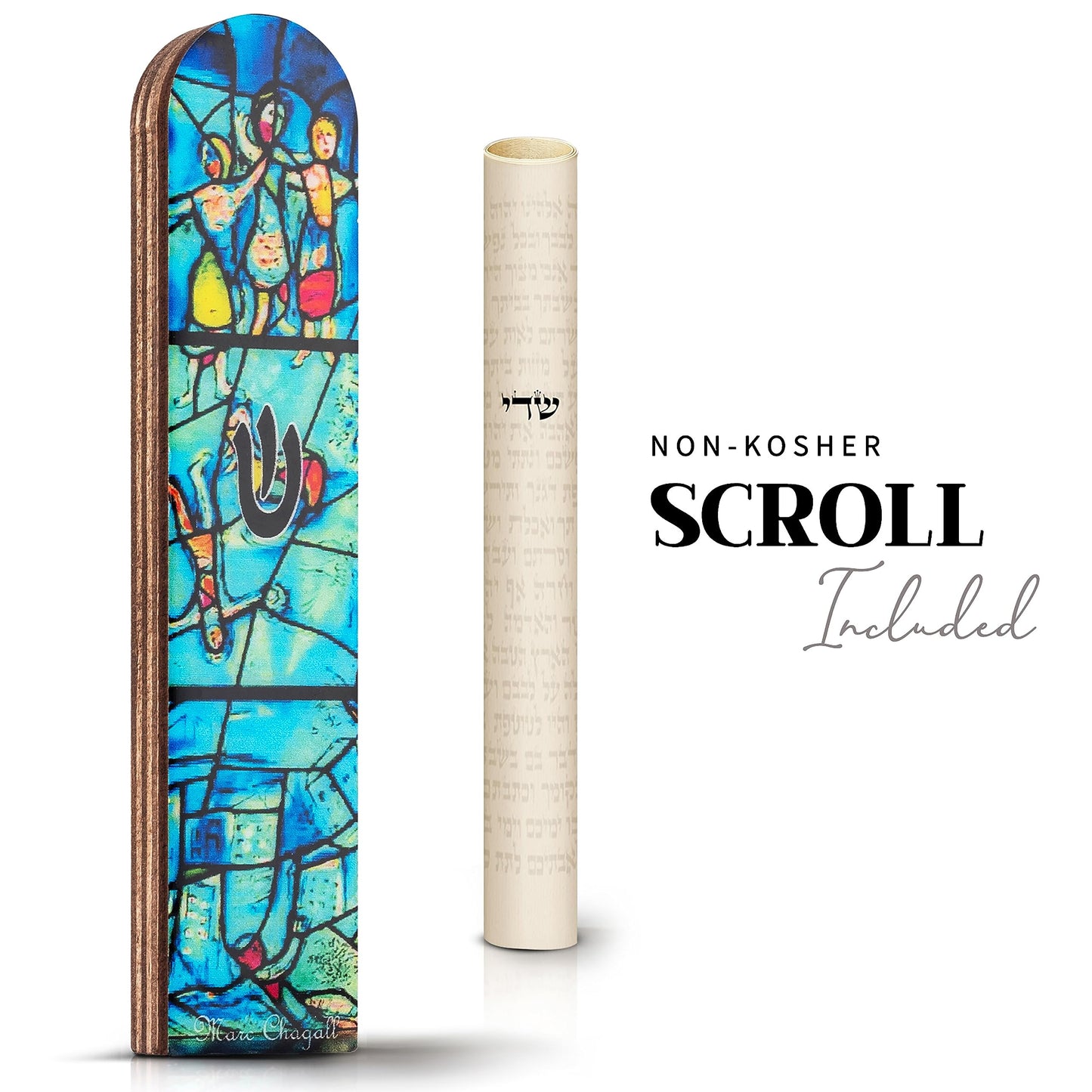 Wooden Mezuzah for Door | Contemporary 5 Inch Mezuzah Case with Non Kosher Scroll | Self Stick Mezuzahs for Easy Installation | Judaica Turquoise Chagall-Inspired Design, Packaged in a Gift Box