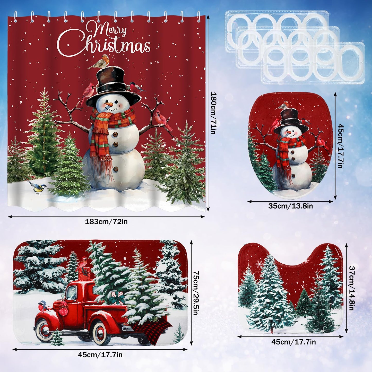 Teenyyou 4 Pcs Christmas Shower Curtains Set with Non Slip Rug Winter Christmas Bathroom Decor Toilet Lid Cover and Bath Mat Snowman Shower Curtain with 12 Hooks for Xmas Bathroom Decor(Red,Classic)