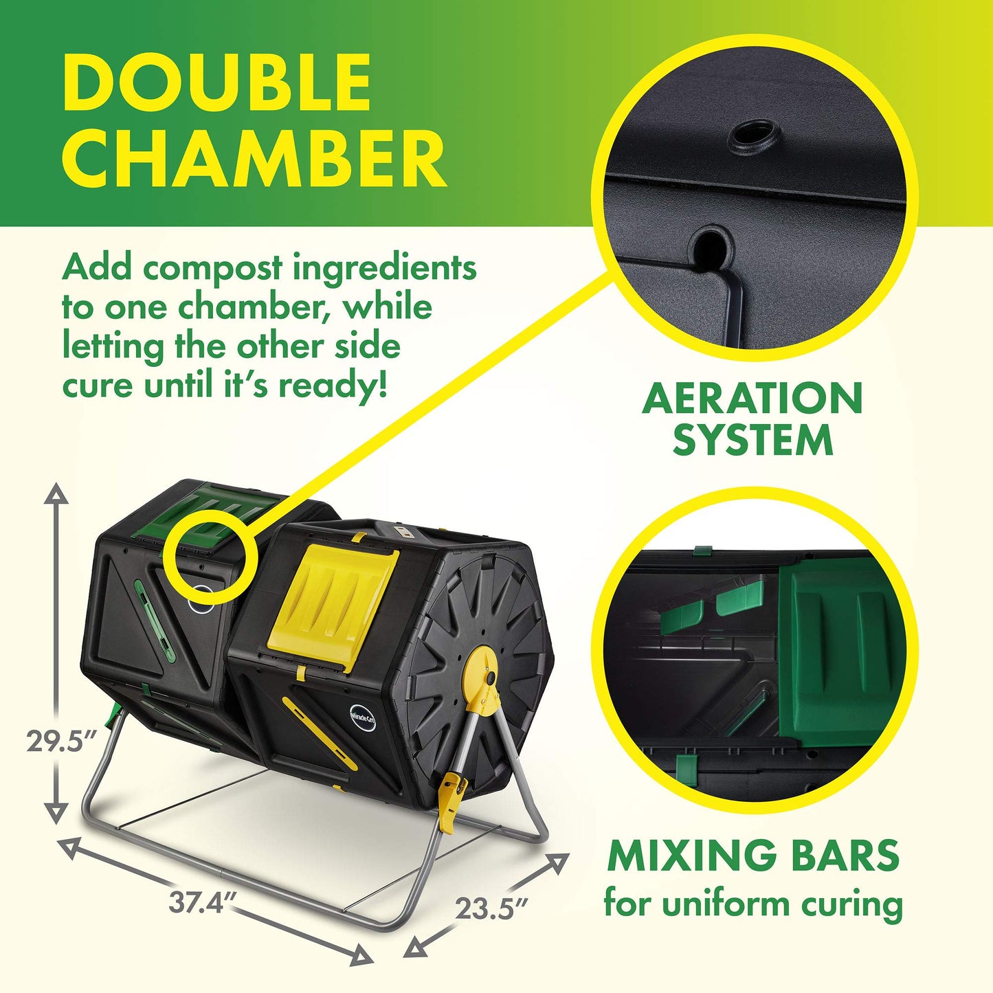 Miracle-Gro Large Dual Chamber Compost Tumbler – Easy-Turn, Fast-Working System – All-Season, Heavy-Duty, High Volume Composter with 2 Sliding Doors - (2 – 27.7gallon /105 Liter)