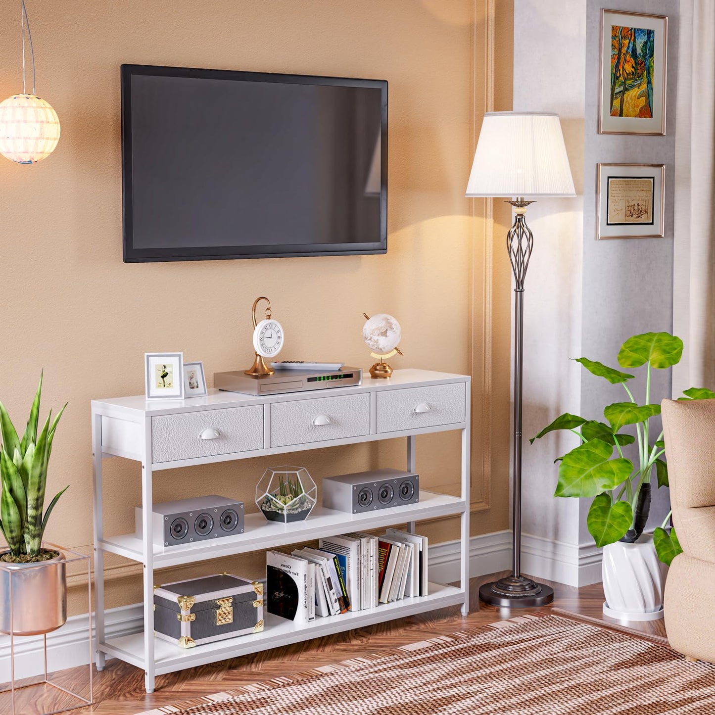 White Long 47" Console Sofa Table with 3 Drawers, Entryway Table with 3-Tier Storage Shelves, Display Shelf for Entry Way, Hallway, Couch, Living Room, Kitchen, Foyer