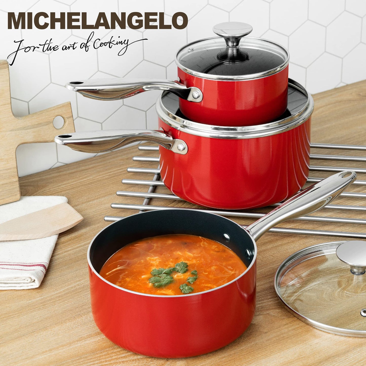 MICHELANGELO Sauce Pan Sets, Ceramic Saucepans with Lids, 1Qt & 2Qt & 3Qt Sauce Pans with Lid, Nonstick Saucepan Set with Stainless Steel Handle, Oven Safe, Red